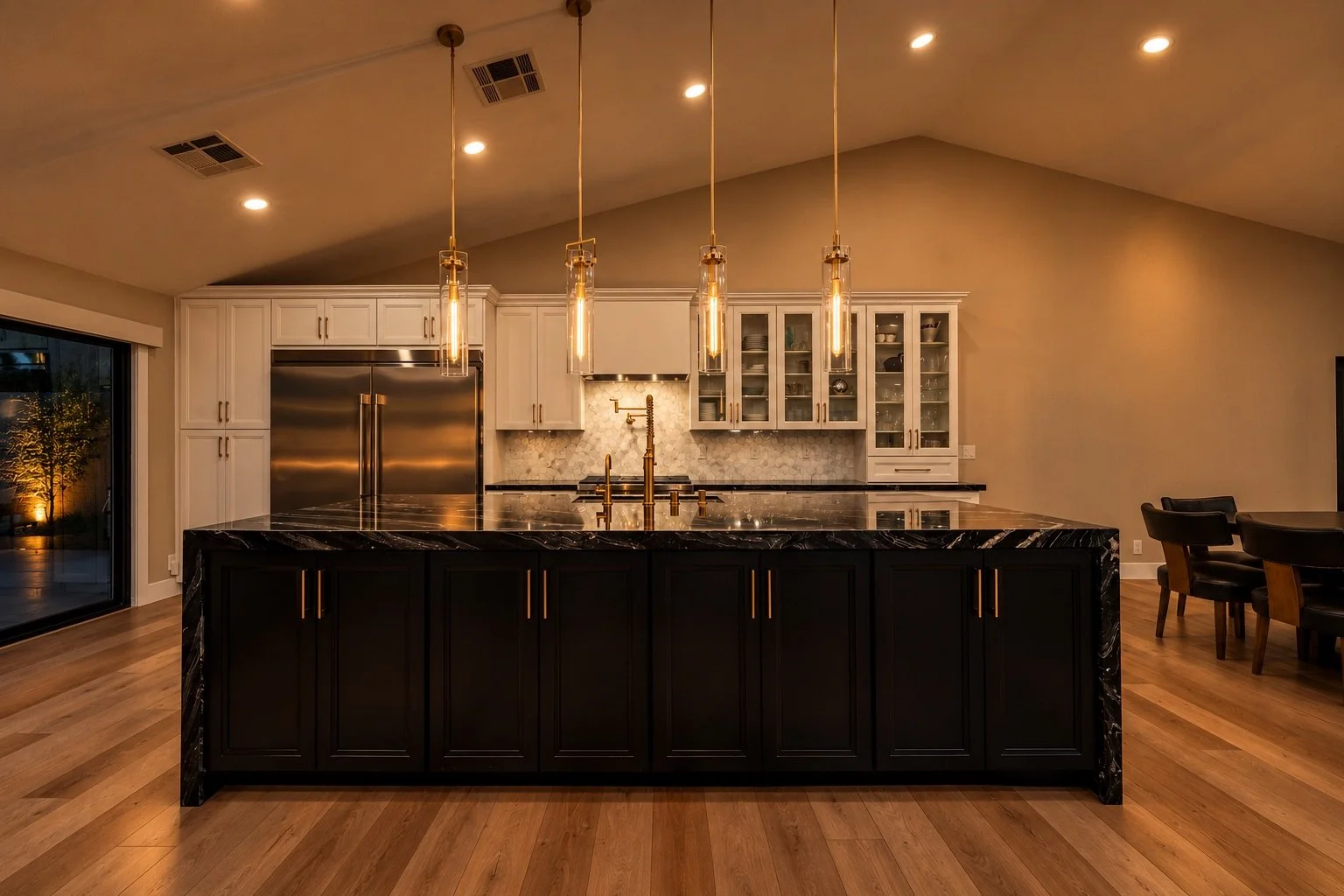 Modern kitchen with black island countertop, white cabinetry, stainless steel refrigerator, gold fixtures, pendant lights, and hardwood floors.