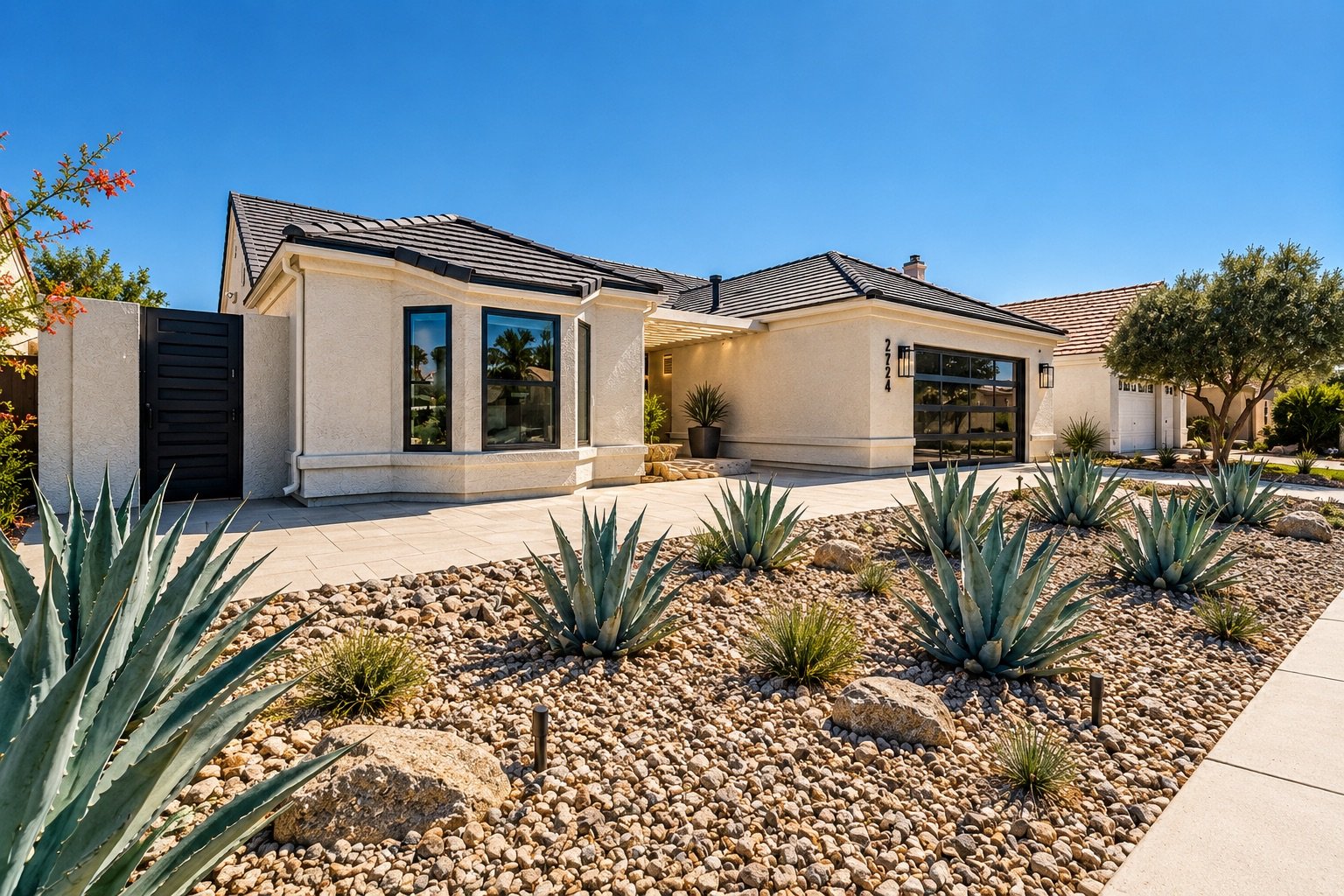 Front view of a modern house with a desert landscape in the yard, including large agave plants and rock mulch, under a clear blue sky.