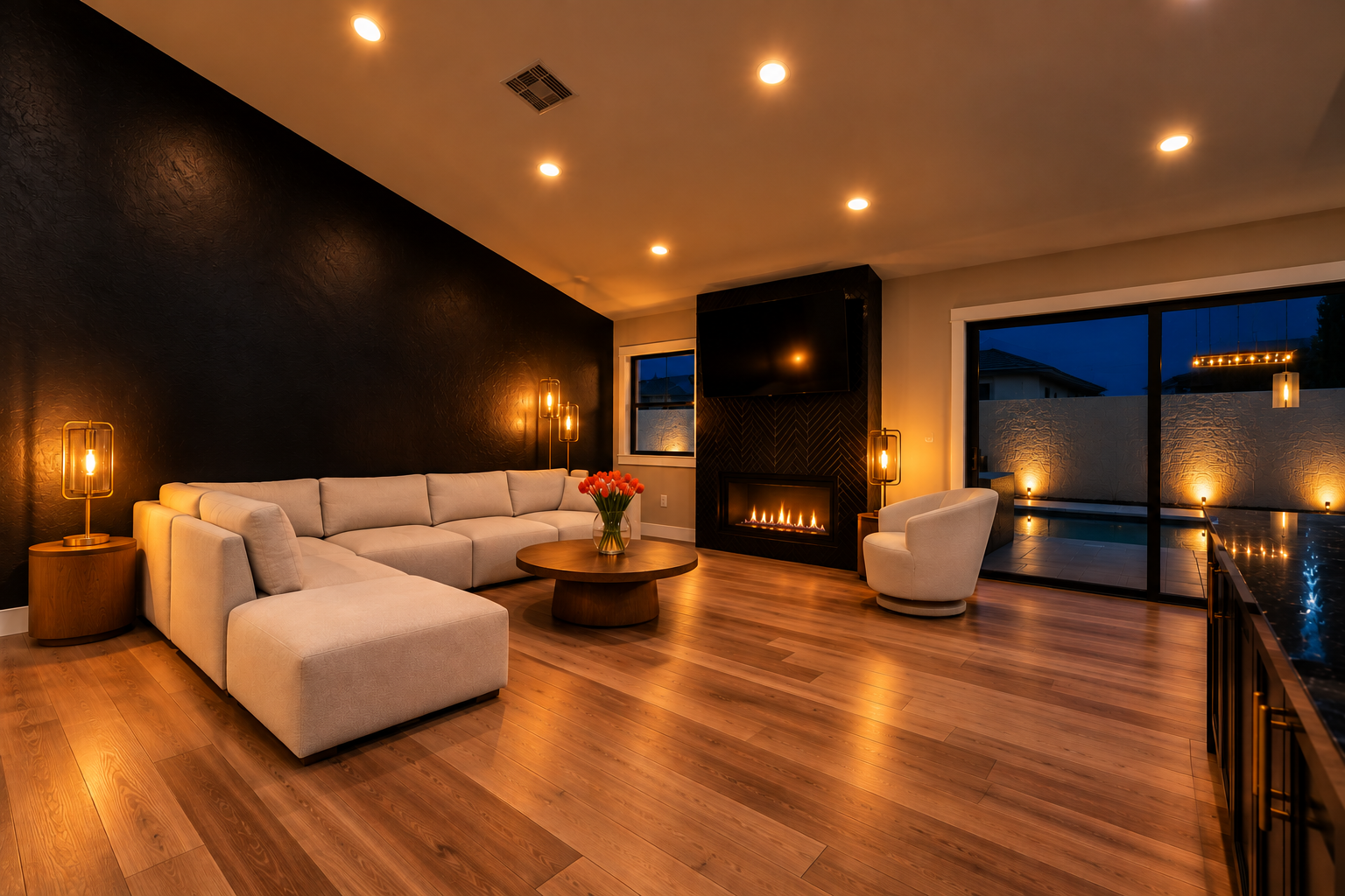 Living room with beige sectional sofa and armchair, wood coffee table with red flowers, fireplace, wall-mounted TV, black accent wall, large sliding glass door overlooking outdoor patio with pool at dusk, warm lighting.