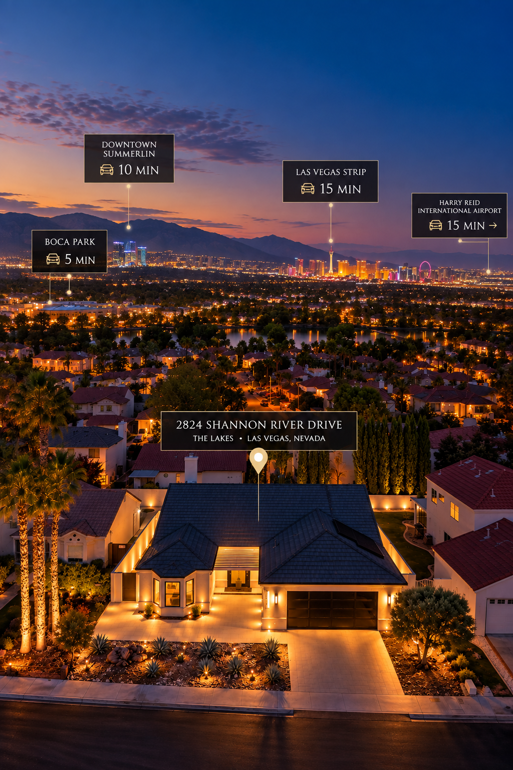 Aerial night view of Las Vegas with annotations showing directions to downtown Summerlin, Las Vegas Strip, Harry Reid International Airport, Boca Park, and the address 2824 Shannon River Drive in The Lakes area.