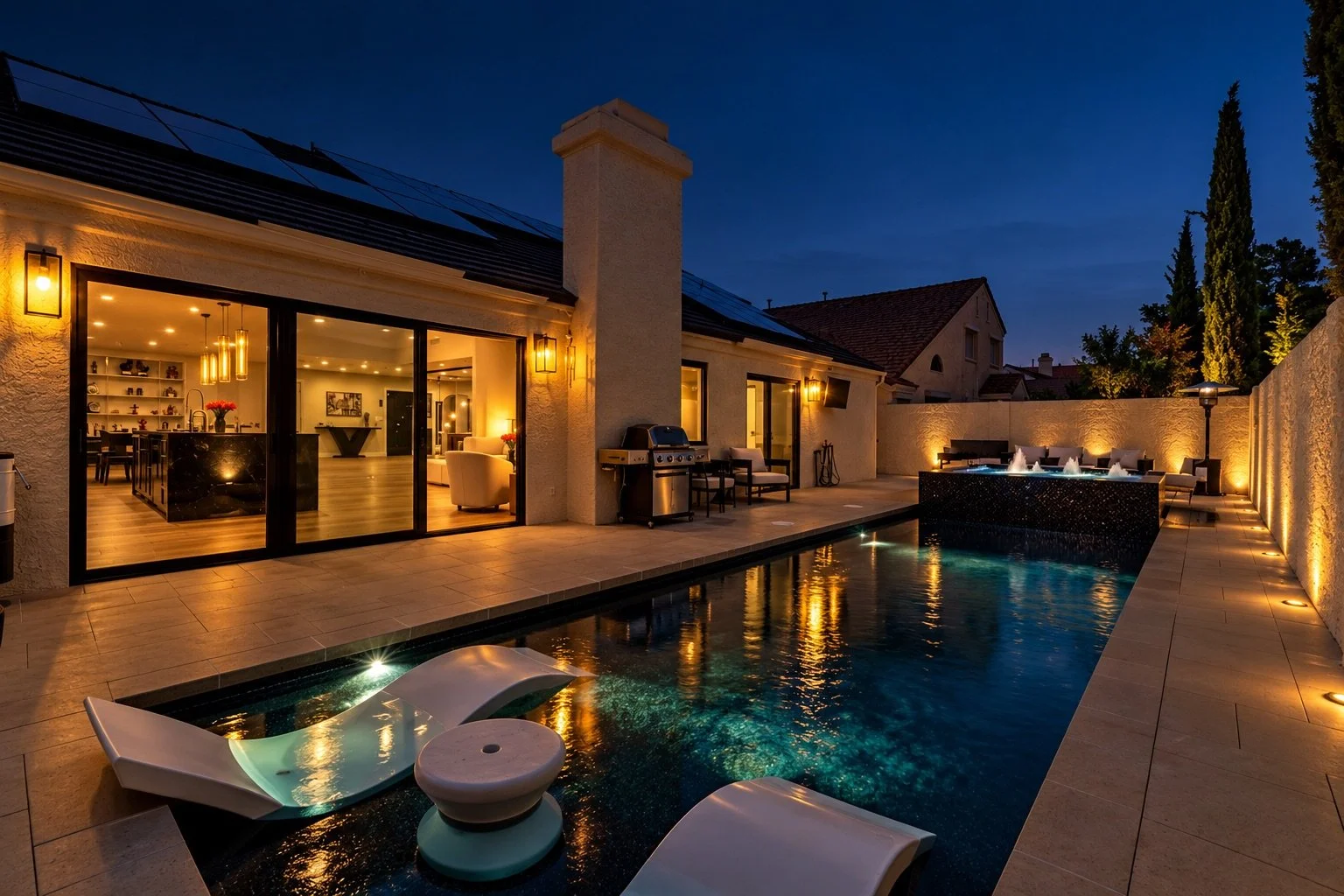 Nighttime view of a modern backyard with a lit swimming pool, outdoor seating, a water fountain, and a house with large windows revealing a cozy interior.