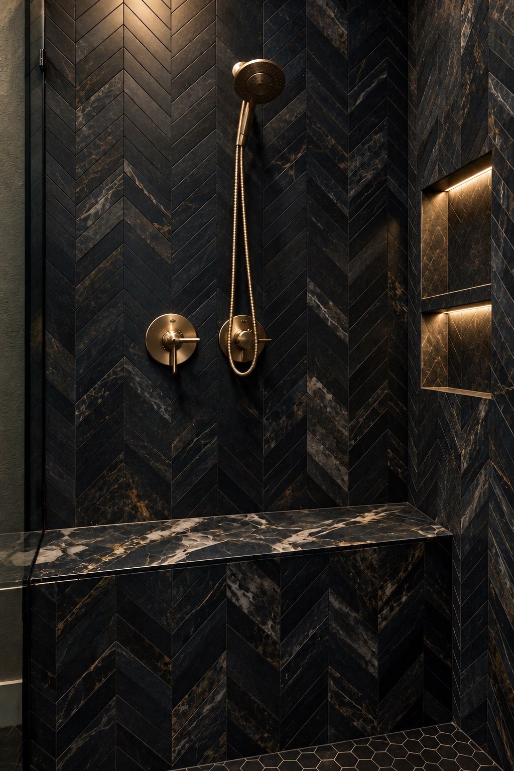 Luxurious walk-in shower with black marble tiles, gold fixtures, and a built-in shelf with lighting.