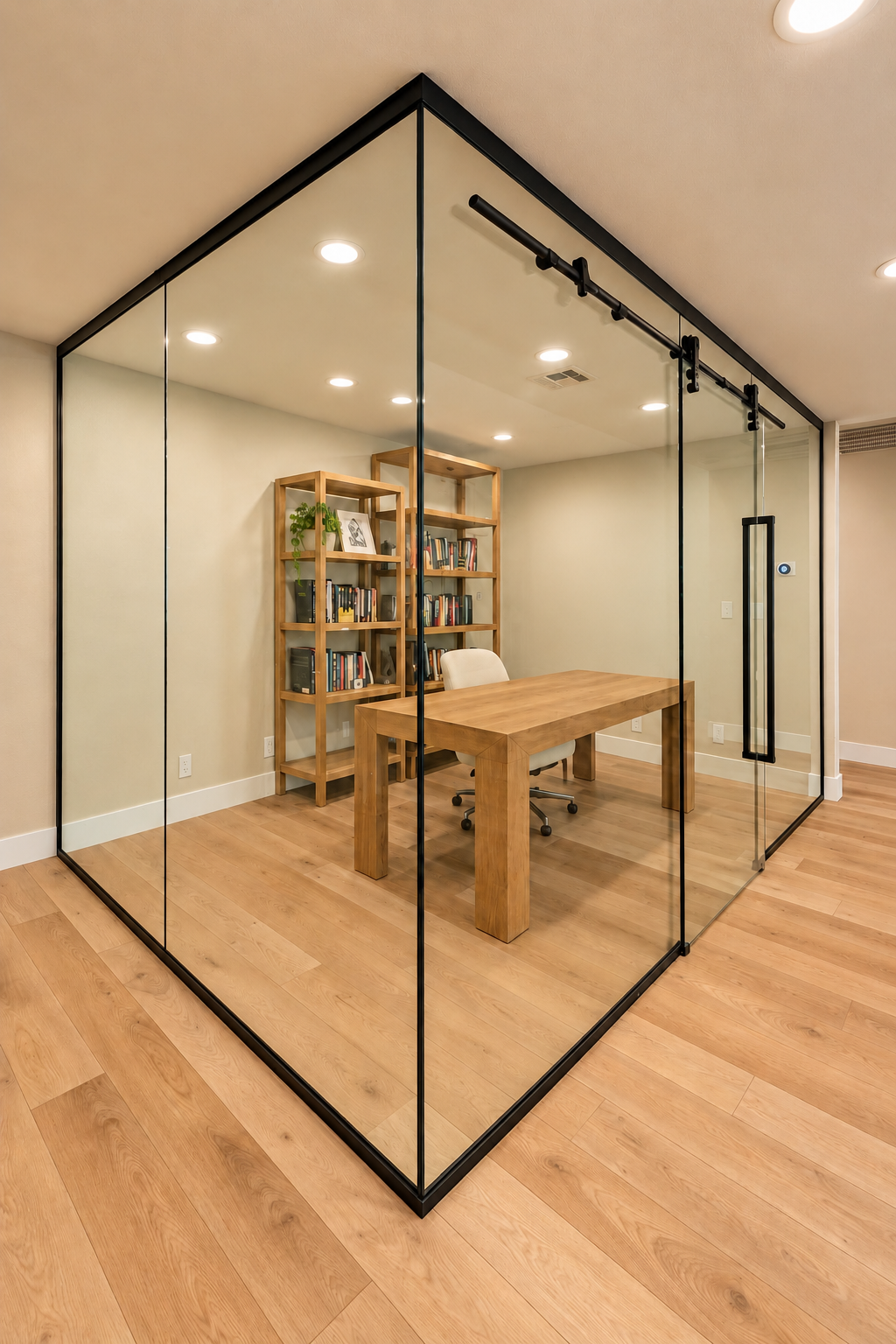 A modern glass-walled office with a wooden desk, a white chair, and a wooden bookshelf filled with books and decor.