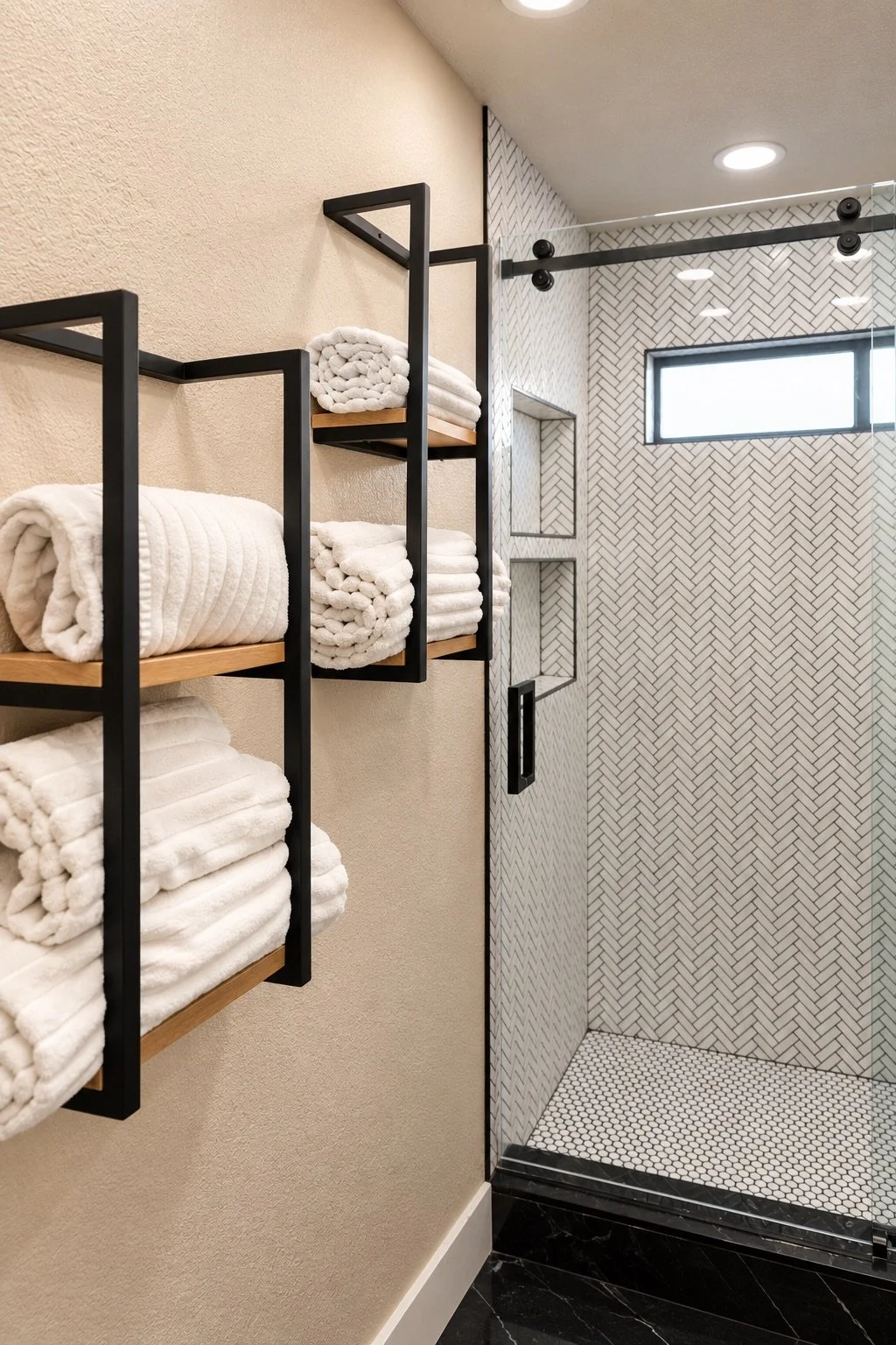 Bathroom with beige wall, black metal and wood shelves holding white towels, enclosed shower with herringbone tile interior, small window, and black trim, ceiling lights, and black marble floor.