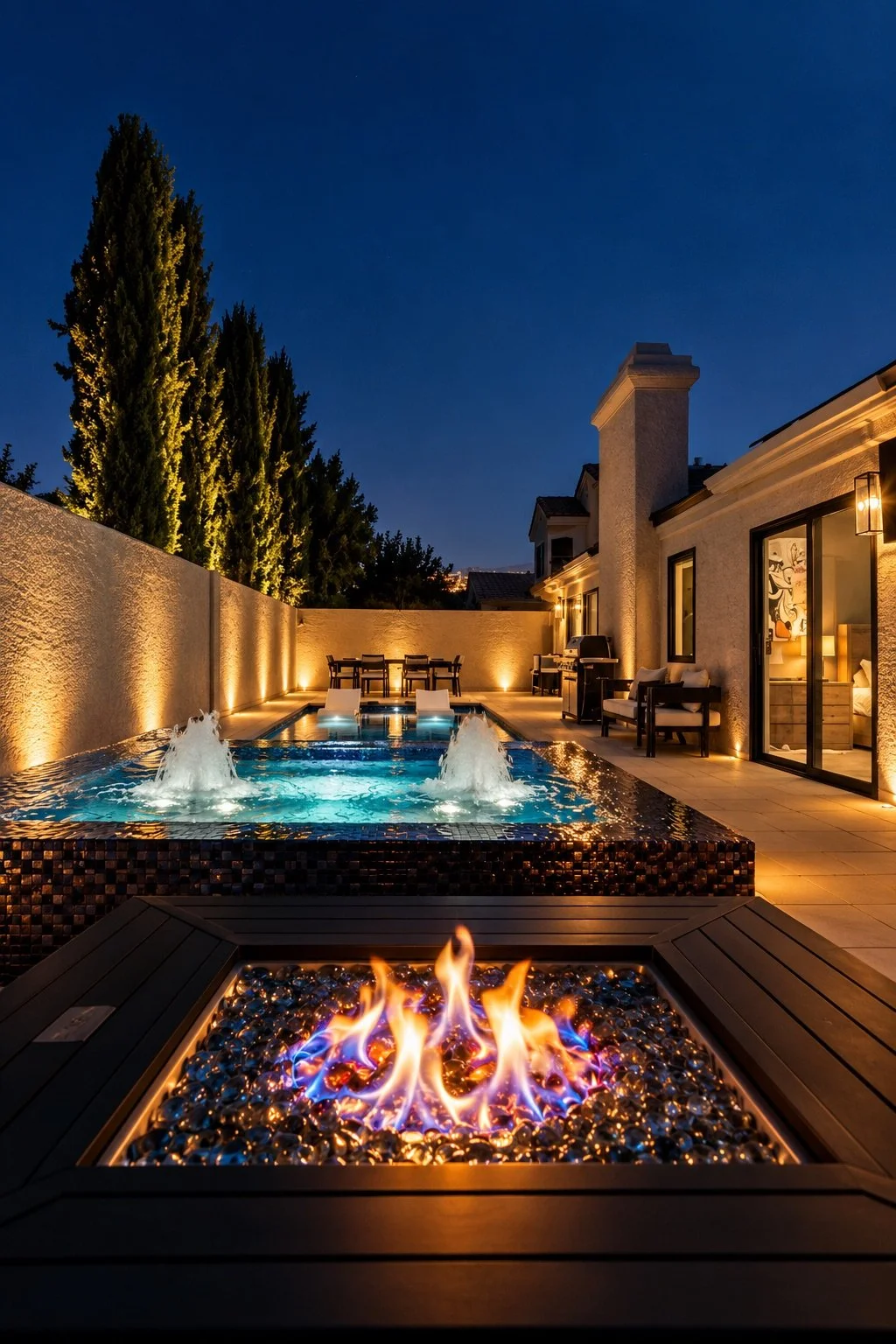 Nighttime backyard scene featuring a swimming pool with fountains, a fire pit with flames, outdoor seating, and a house with large windows and exterior lighting, surrounded by tall trees.