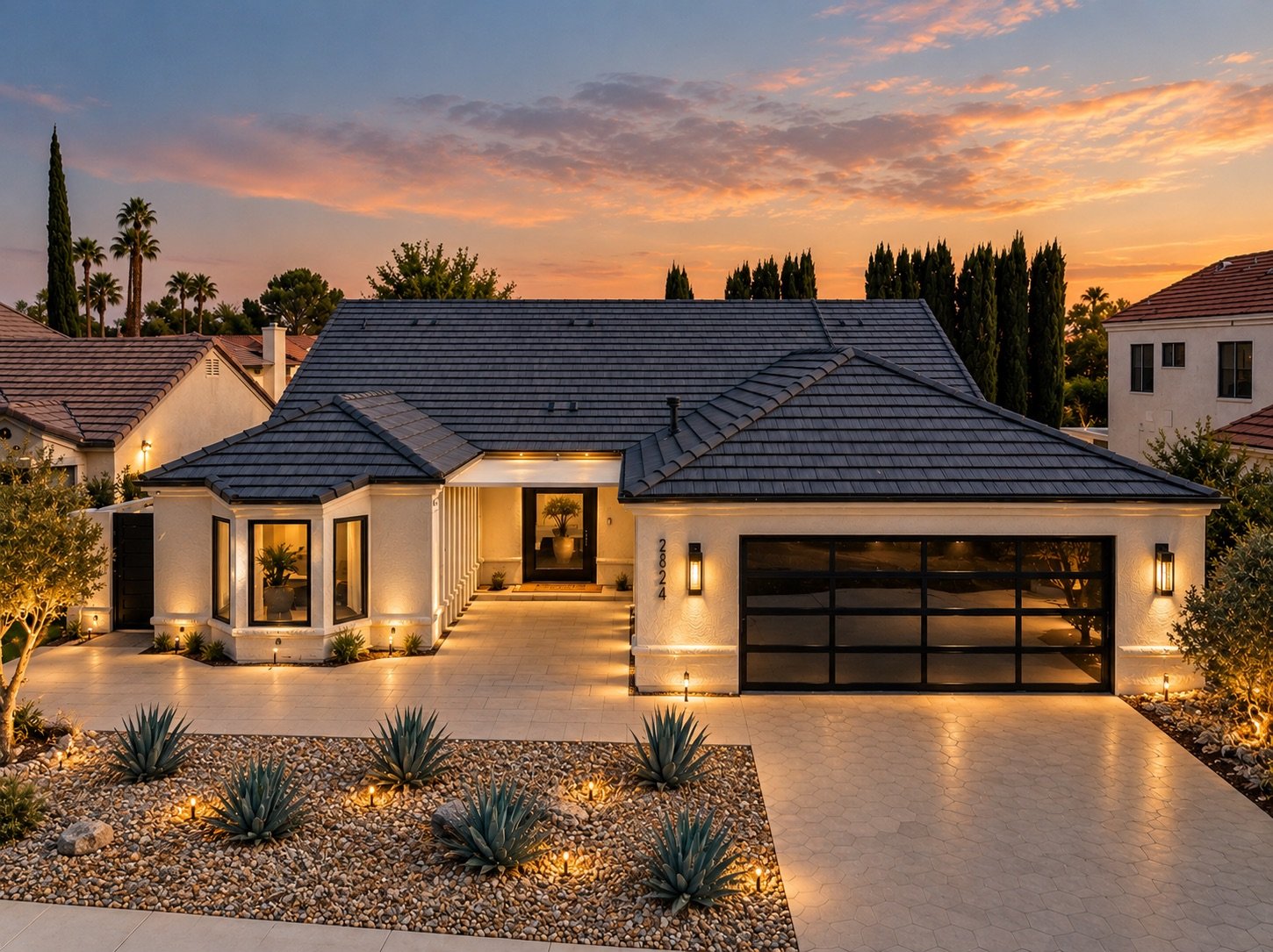 Front view of a modern house during sunset, with a tiled roof, a driveway, and outdoor lighting illuminating desert plants and landscaping.