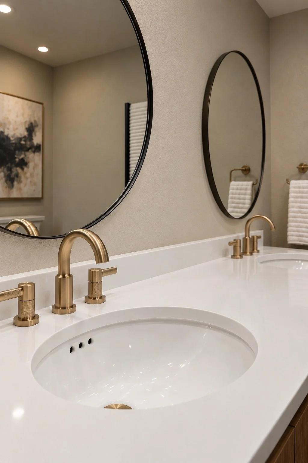 Bathroom vanity with two sinks, gold faucets, oval mirrors, towel racks, and a beige wall with artwork.