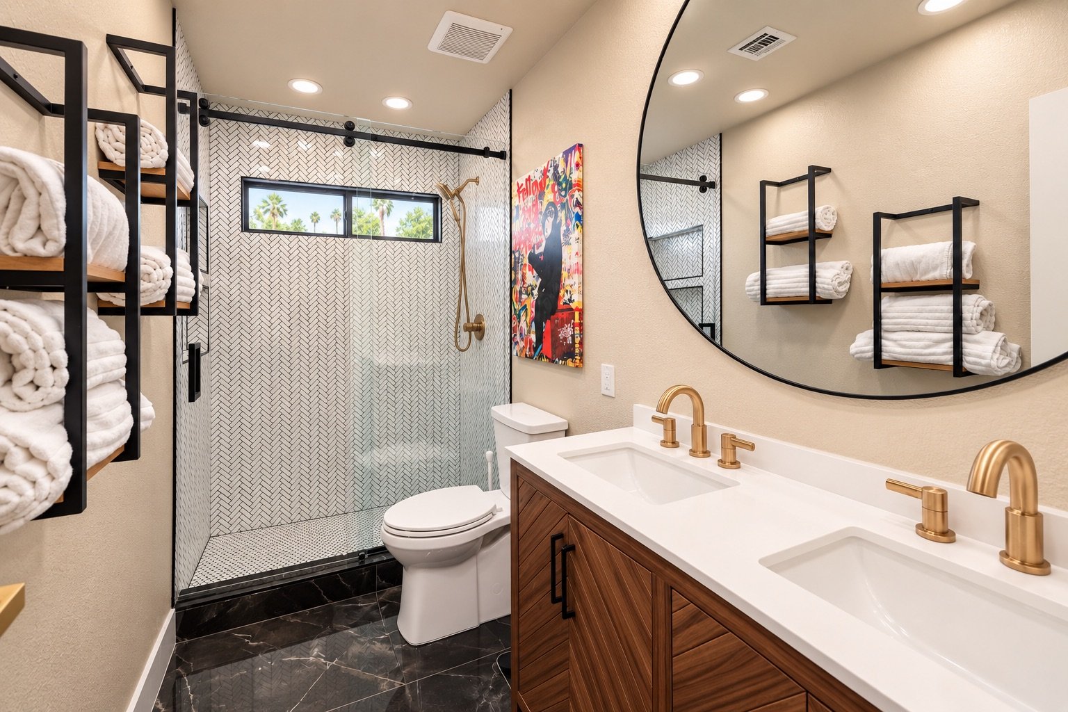 Bathroom with dual sinks, gold faucets, wood vanity, large round mirror, shower with black frame, black and white patterned tiles, window, and artwork.