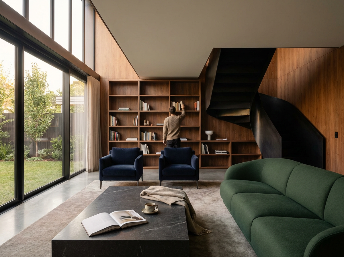 Interior inspiration: layered seating, natural textures and warm wood finishes.