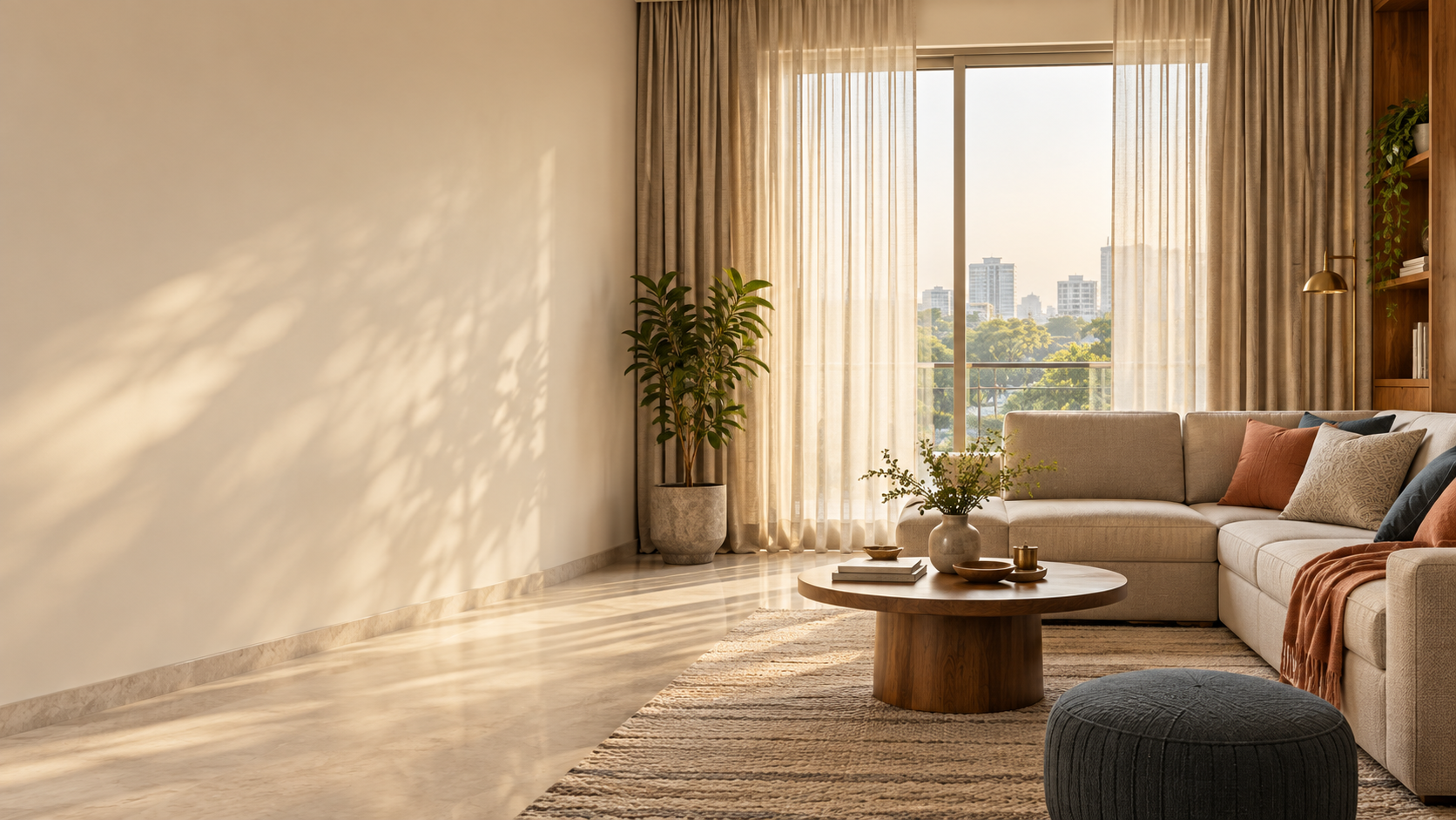 Interior inspiration: warm living room with custom-style curtains and neutral seating.