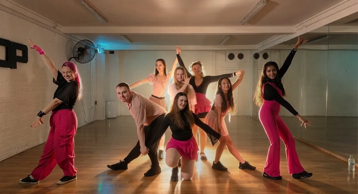 Group of seven young dancers in colorful outfits posing in a dance studio with wooden floors and a large mirror. Kpop Cover Dance video, dublin kpop cover dance group, kpop video project