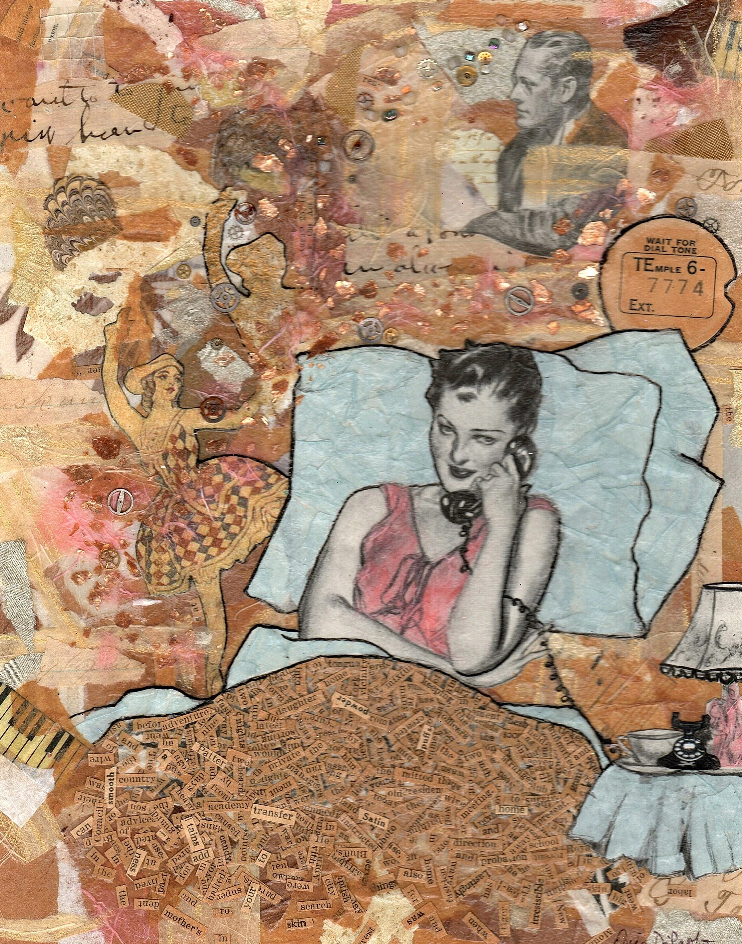 A mixed media collage featuring vintage images, handwritten text, and torn paper elements. Prominent images include a woman with dark hair, a man with light hair, and a woman with blonde hair, along with various abstract shapes, patterns, and text snippets.