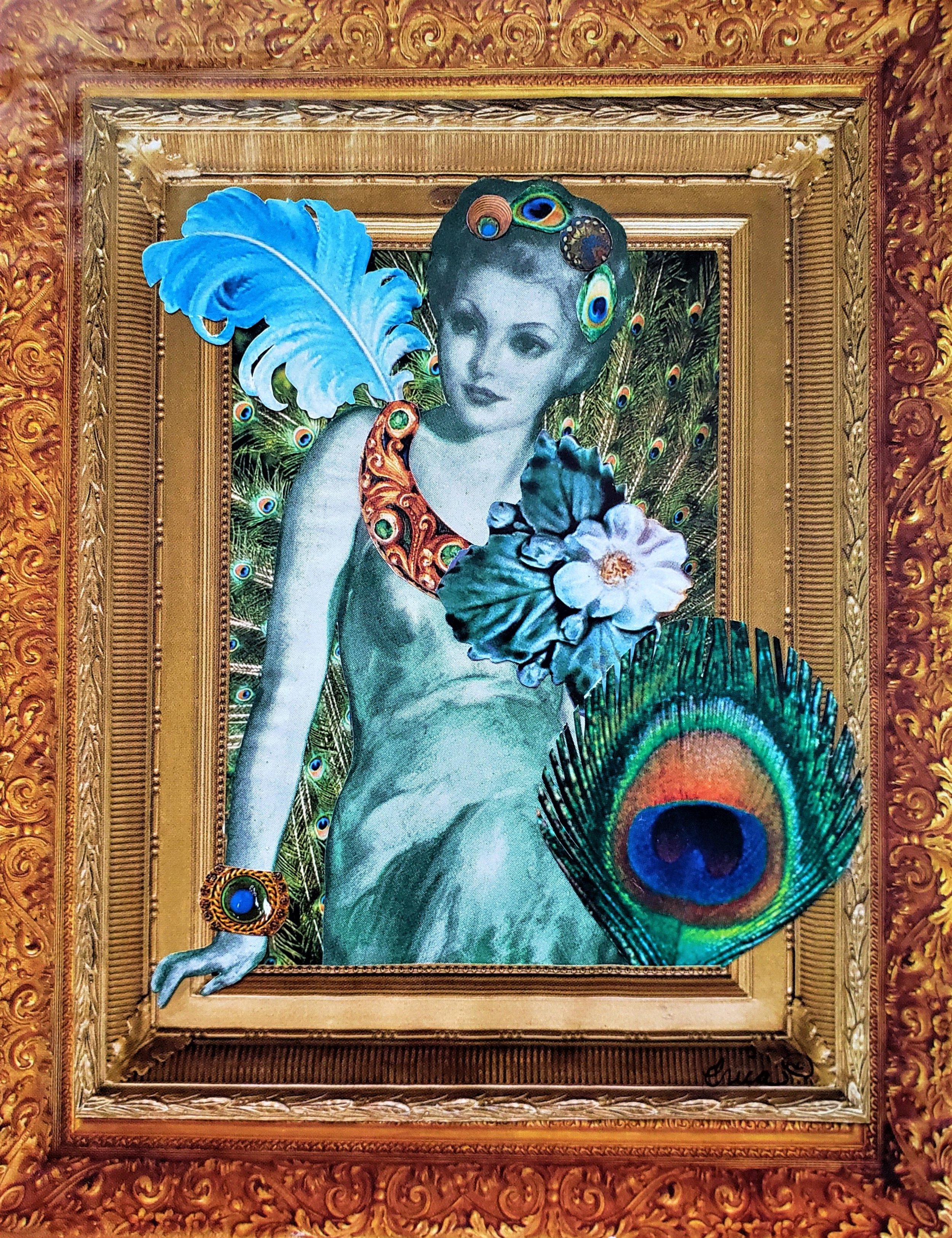 A painting of a woman with short hair, surrounded by peacock feathers and flowers, framed with an ornate gold frame.