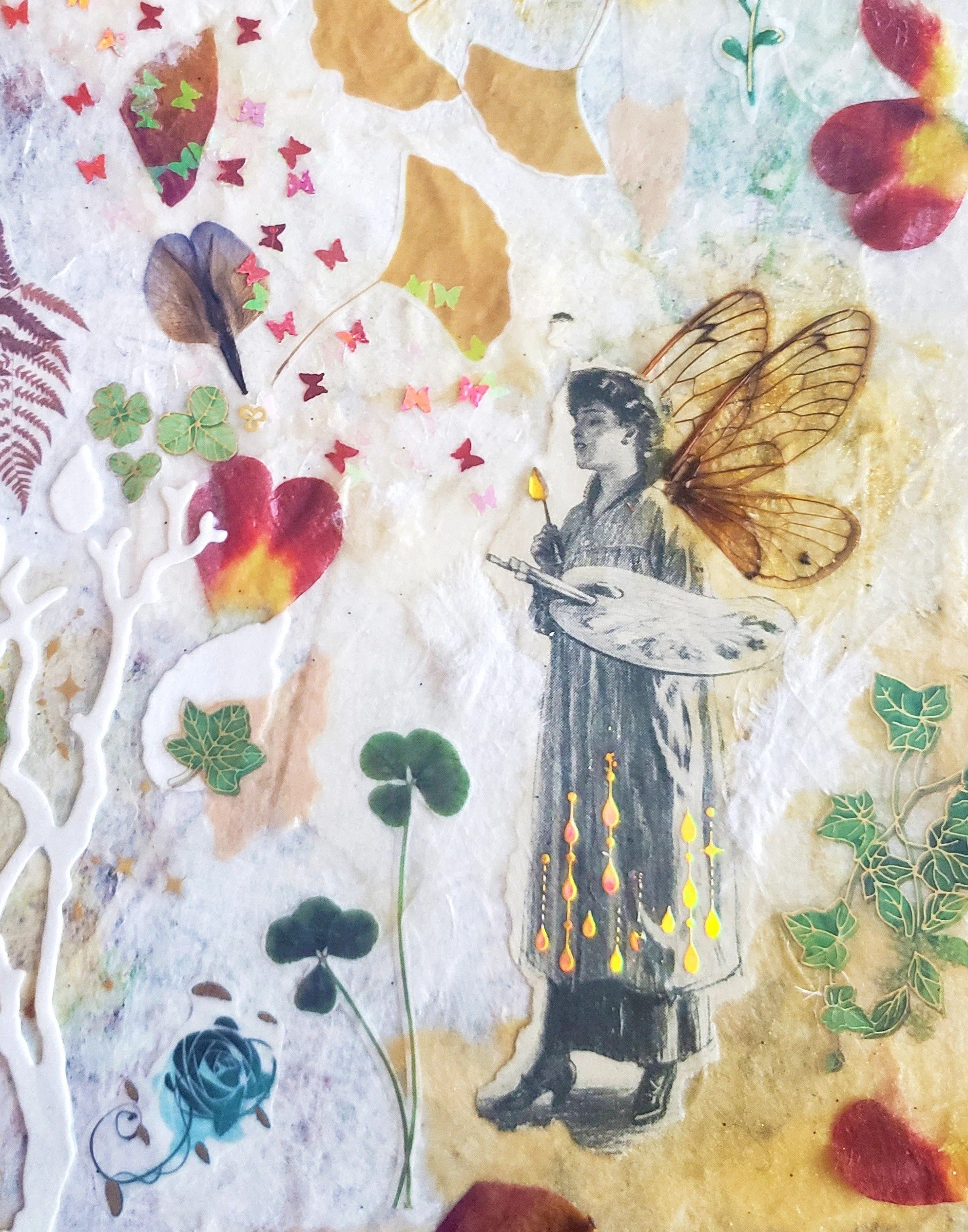 A collage with pressed leaves, small colorful butterfly shapes, a vintage black-and-white photo of a girl holding a candle, and illustrations including a bee, red and yellow flower, green ivy, and dragonfly wings.