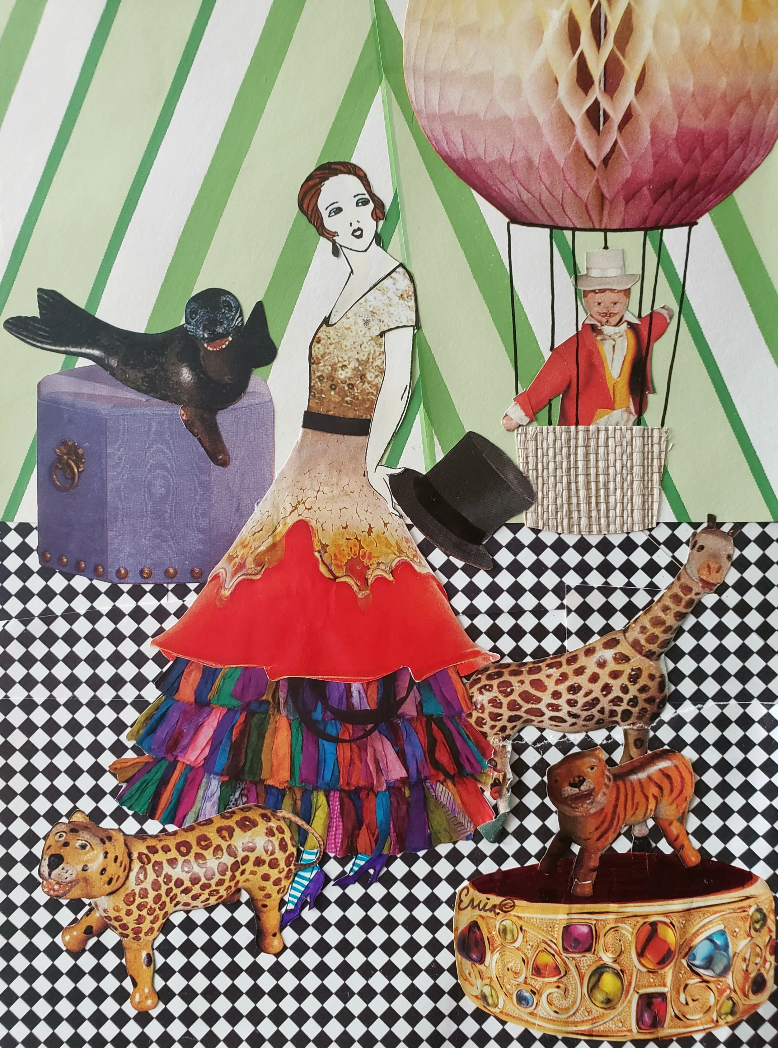 Collage of cut-out paper and toy figures, including a woman in a dress, a man in a suit with a hot air balloon, a leopard, a tiger, and a giraffe, all on a black and white checkered floor.