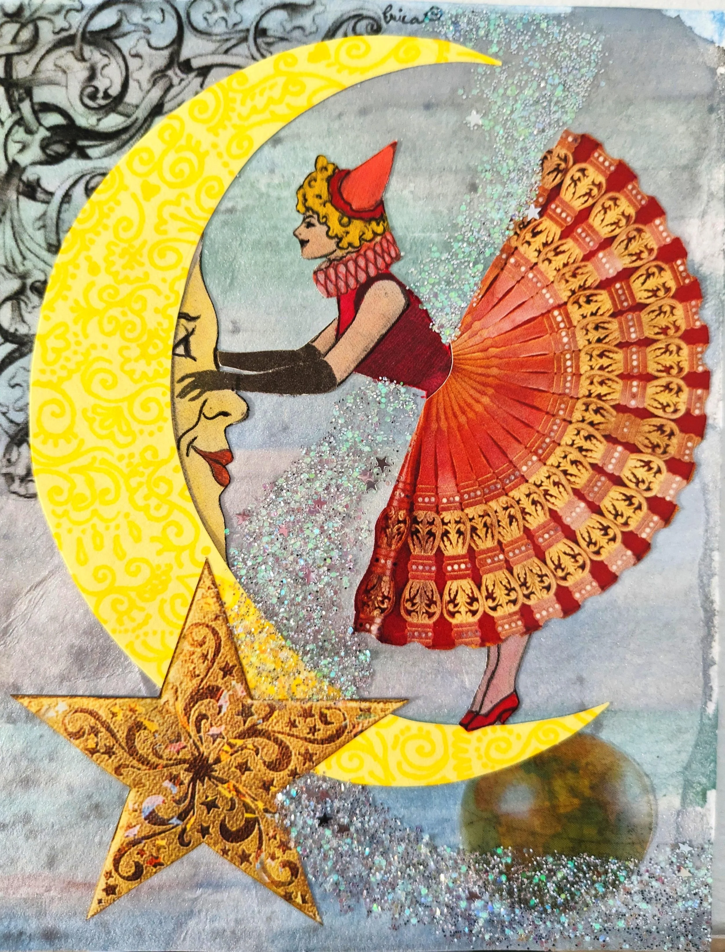 An art piece featuring a woman with a red hat and dress, holding a large ornate fan, with glitter and decorative elements surrounding her, set against a textured background.