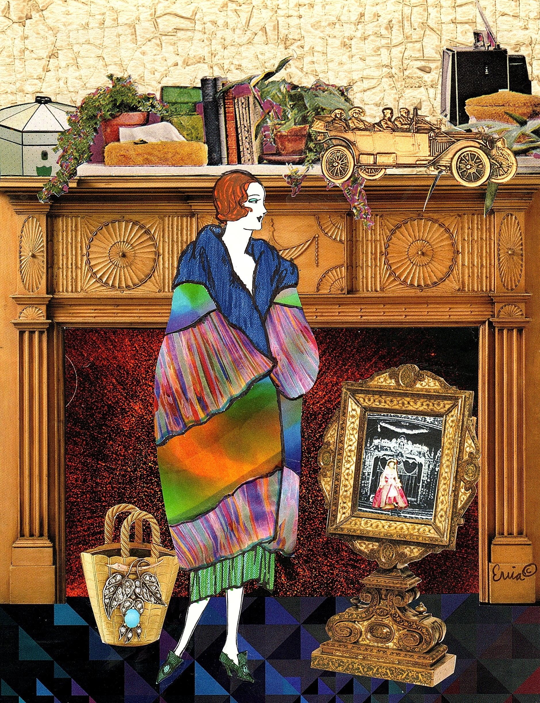 A colorful illustration featuring a woman standing in front of a wooden fireplace mantel decorated with various objects including potted plants, books, a vintage car model, and framed pictures. The woman is dressed in a vibrant, multi-colored skirt a