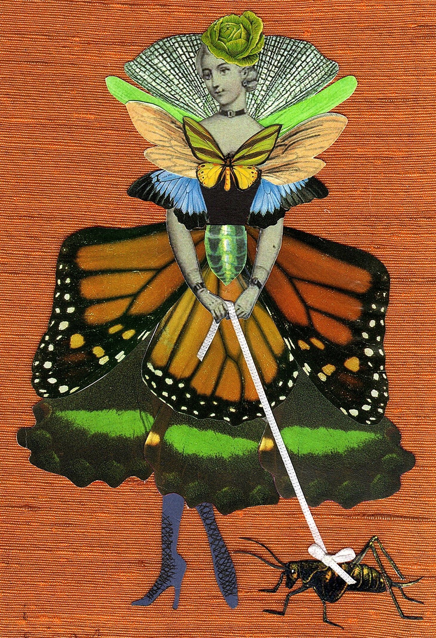 A collage of a woman dressed as a butterfly with a human face, green hair, and butterfly wings against an orange background. The woman is holding an oversized wire butterfly net with a large bee inside.
