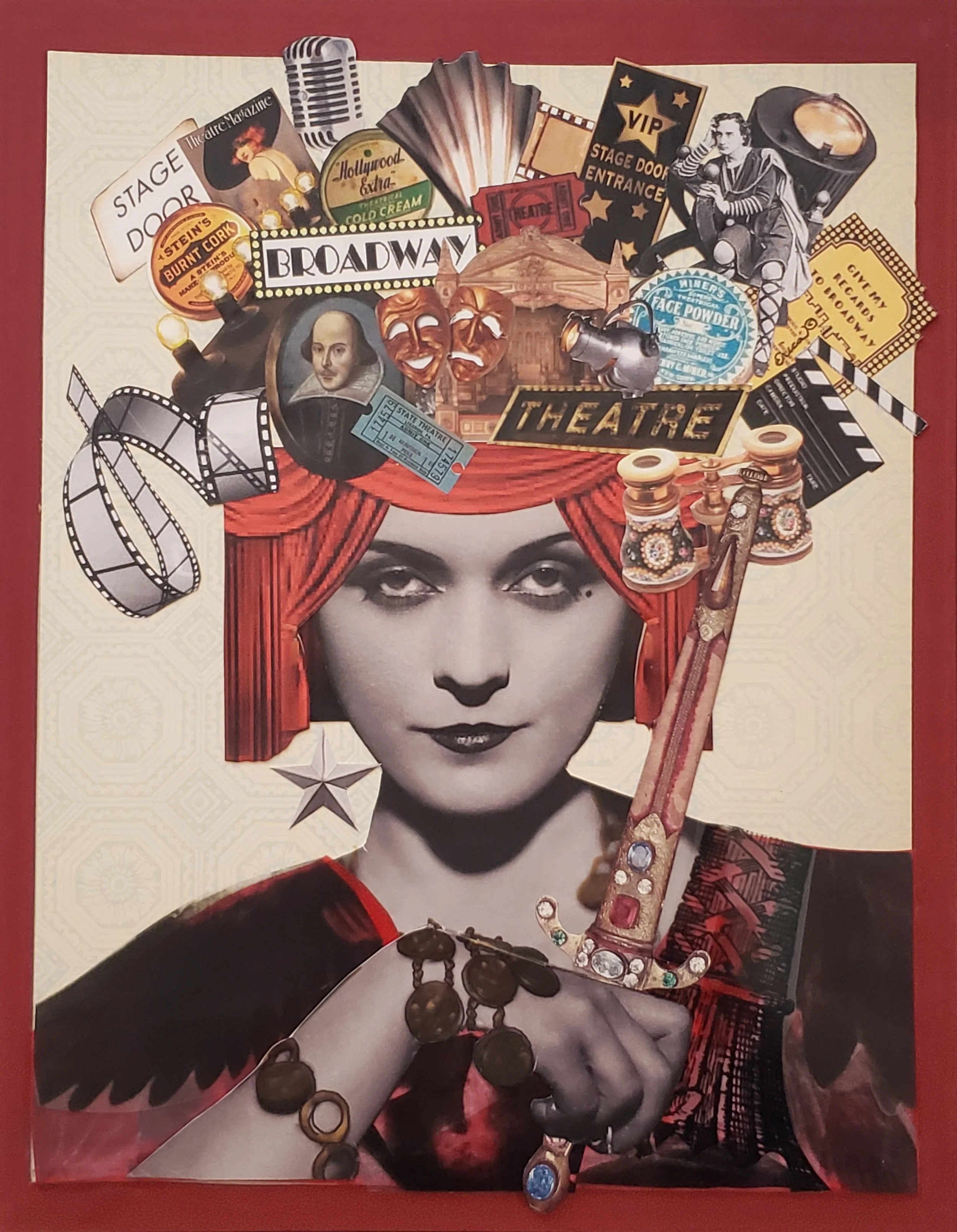 A collage featuring a woman with red hair, surrounded by vintage theater and Broadway-themed items like tickets, masks, a sign reading 'Broadway', star-shaped tickets, and film reels, with a red border.