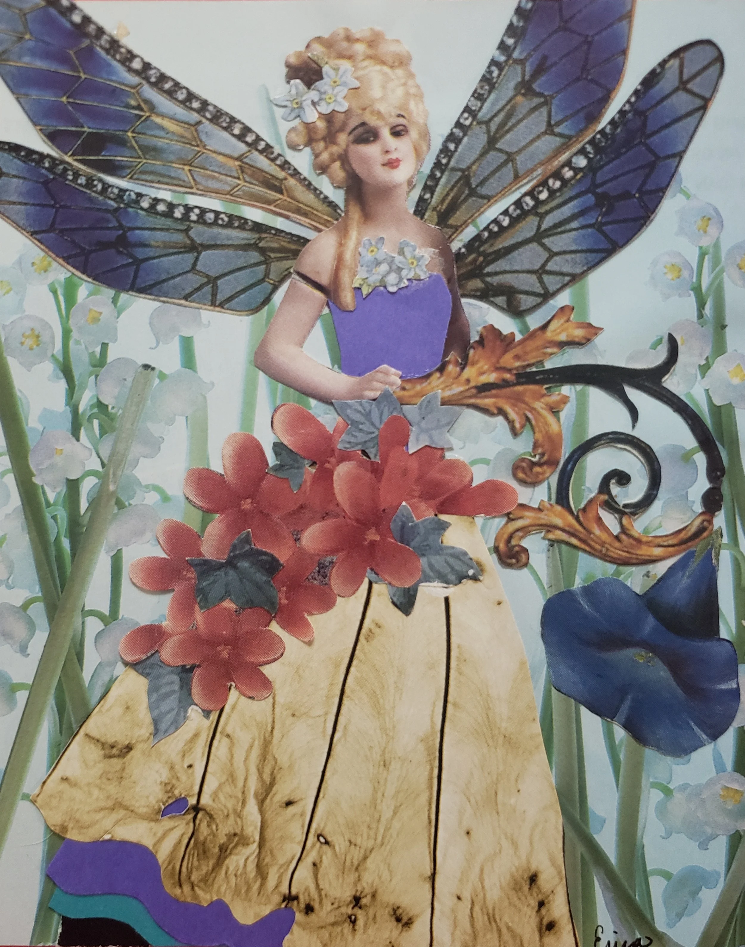 A colorful fairy figure with large butterfly wings, a purple top, and a flower in her curly blonde hair, surrounded by watercolor flowers and greenery.