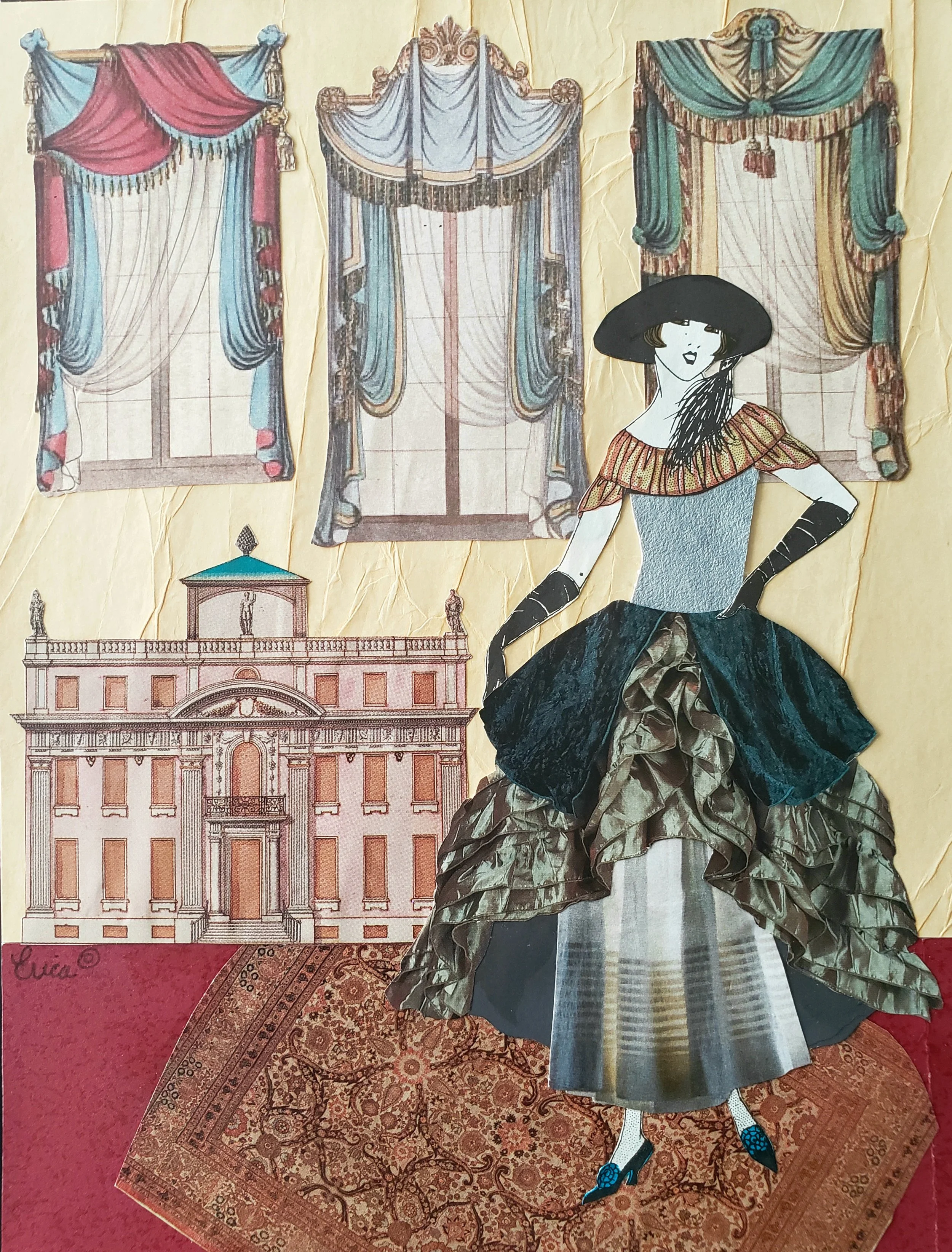 Collage of illustrated vintage curtains and a woman dressed in a colorful, vintage-inspired outfit standing on a patterned rug.