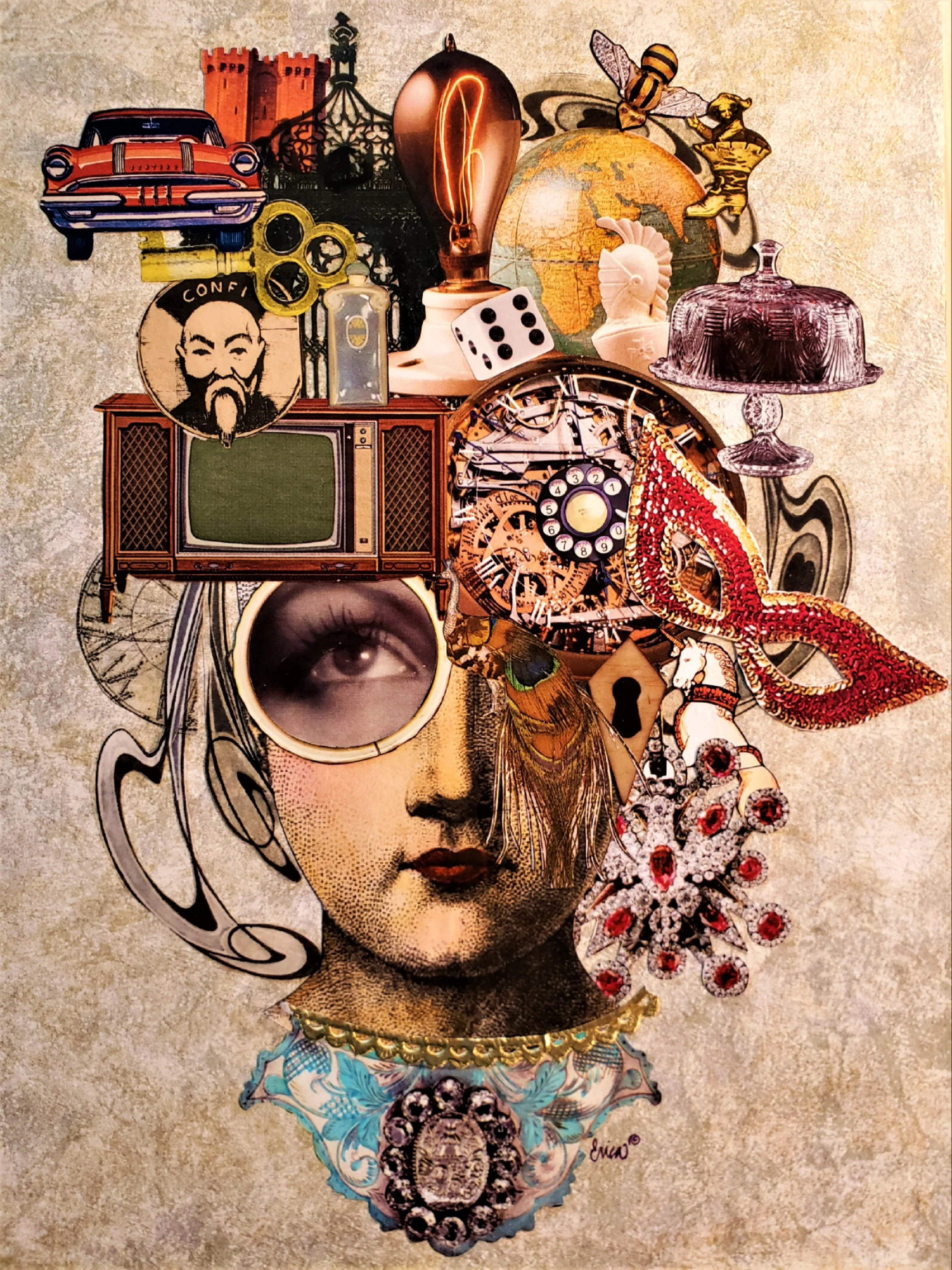 A collage of various objects and images arranged to form a woman's face, including a vintage television, a globe, a butterfly, a bee, a dice, a light bulb, a castle silhouette, a mask, a woman in traditional attire, jewelry, and artwork elements.