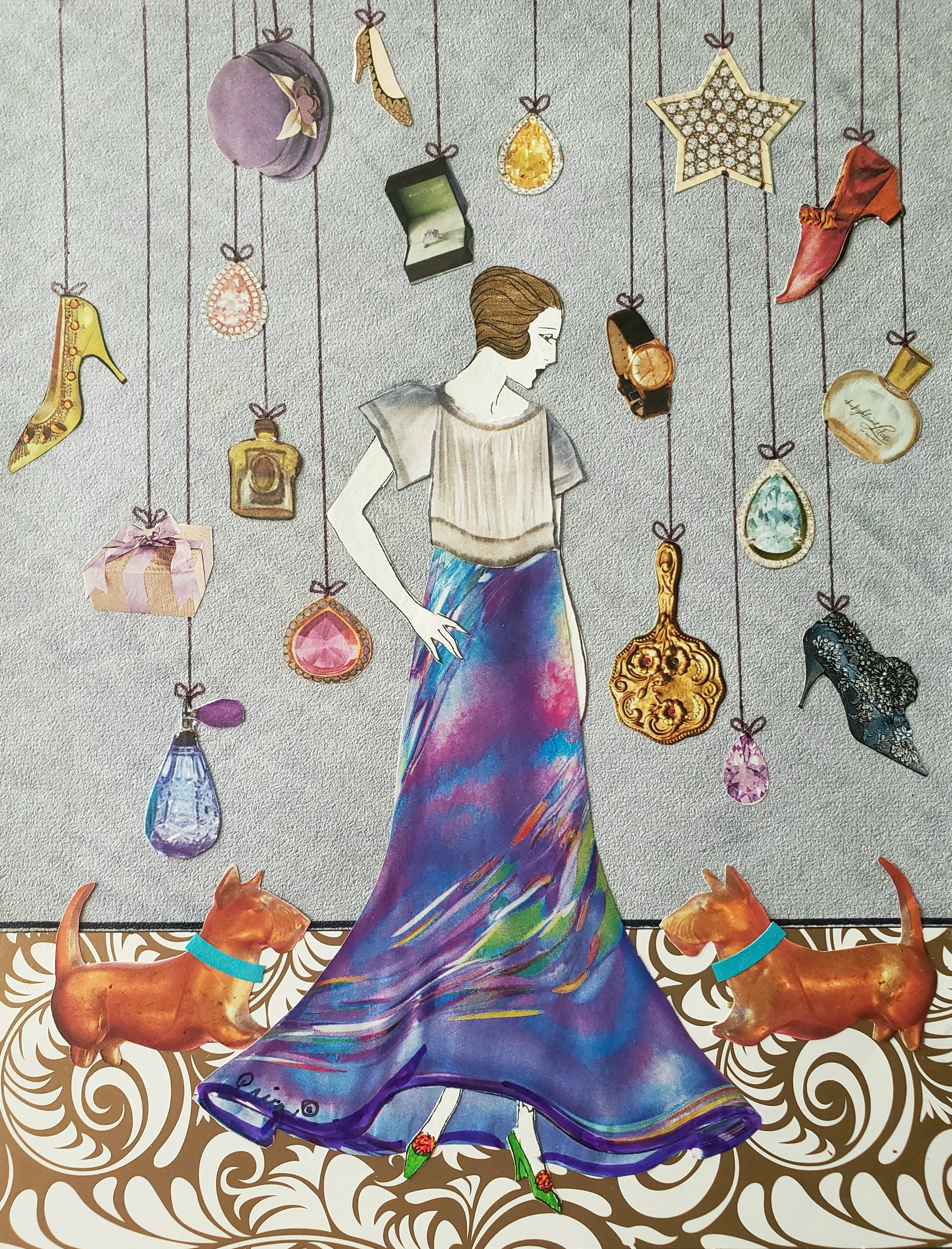 Colorful illustration of a woman in a long, flowing dress with purple, blue, and rainbow hues, standing in front of a background with hanging jewelry and accessories, and two dogs at her feet, one on each side.