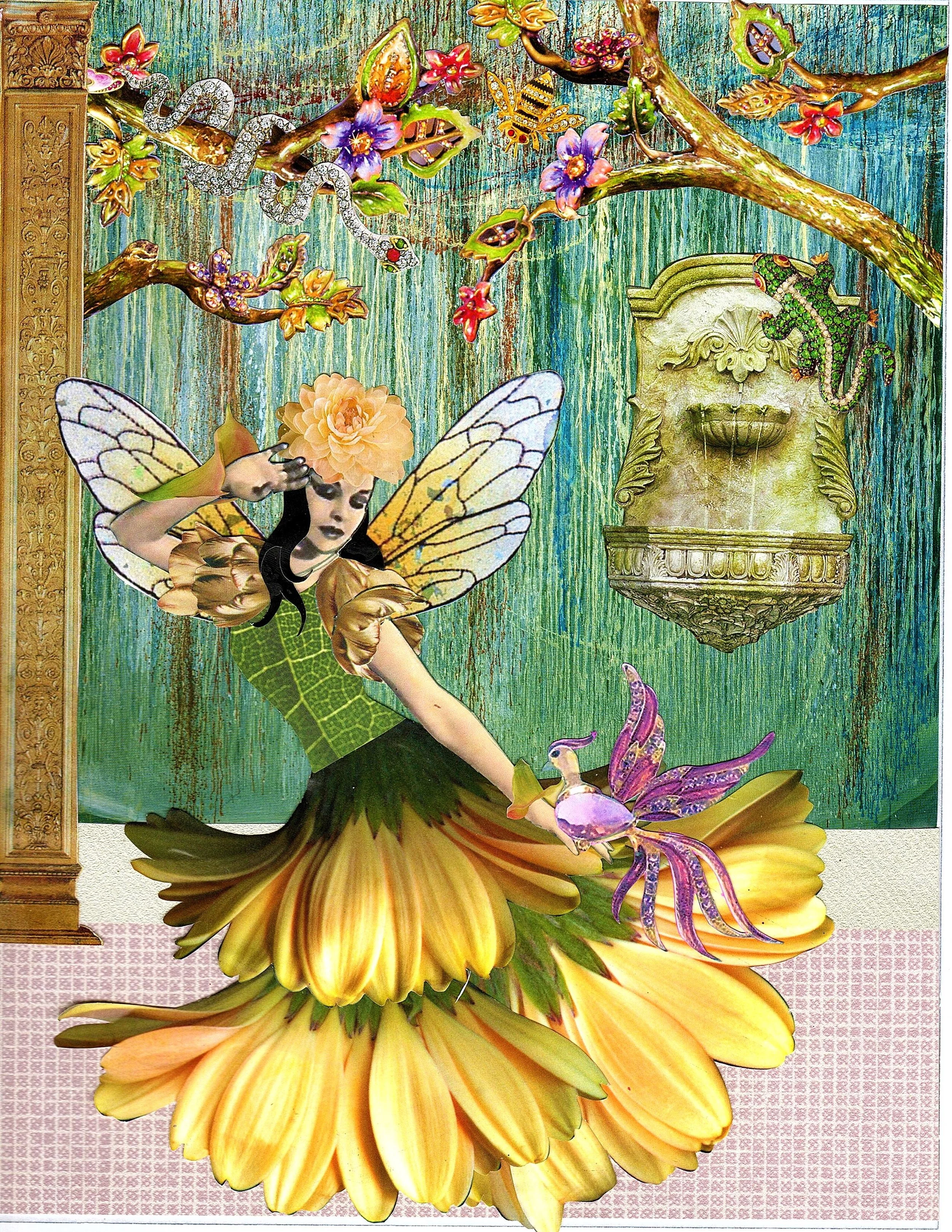 Decorative artwork featuring a fairy with butterfly wings, surrounded by colorful flowers, insects, and greenery in a vibrant, surreal scene.