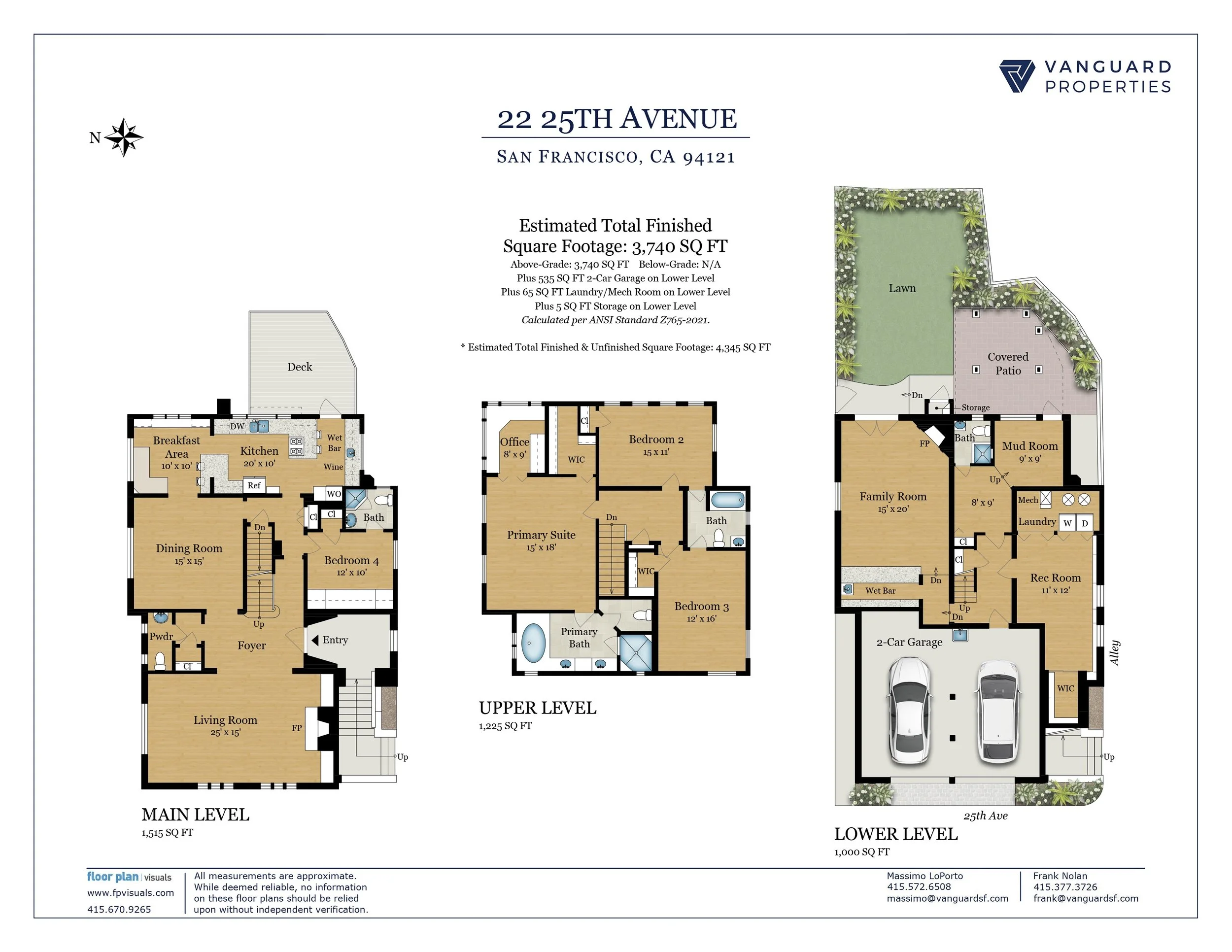 Floor plan for a residential property with labeled areas including main level, upper level, and lower level, featuring rooms such as living room, dining room, kitchen, bedrooms, bathrooms, office, family room, laundry, storage, garage, and outdoor yard and deck areas.