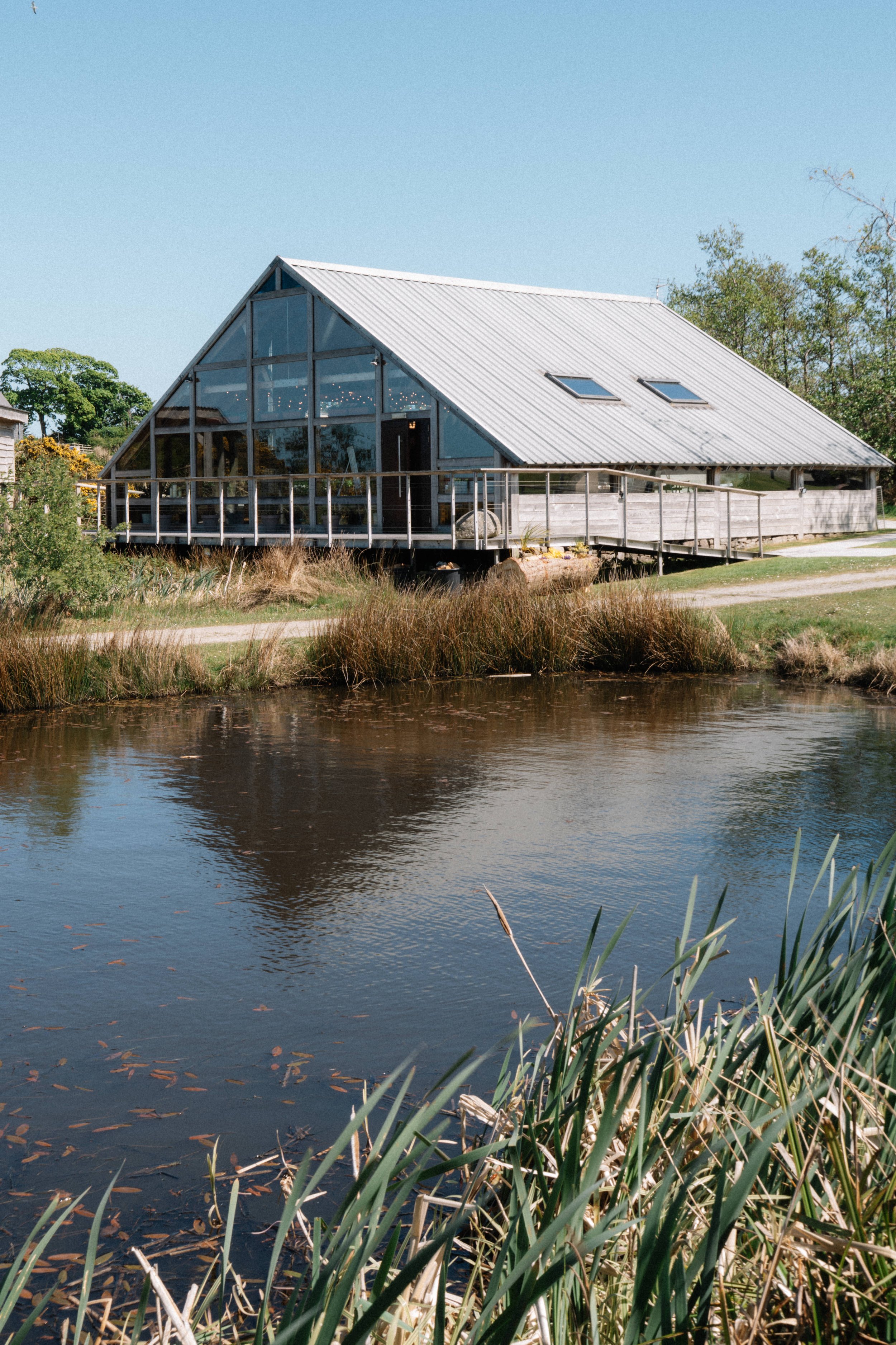 A glass house with a metal roof situated beside a pond, with tall grass and trees in the background.