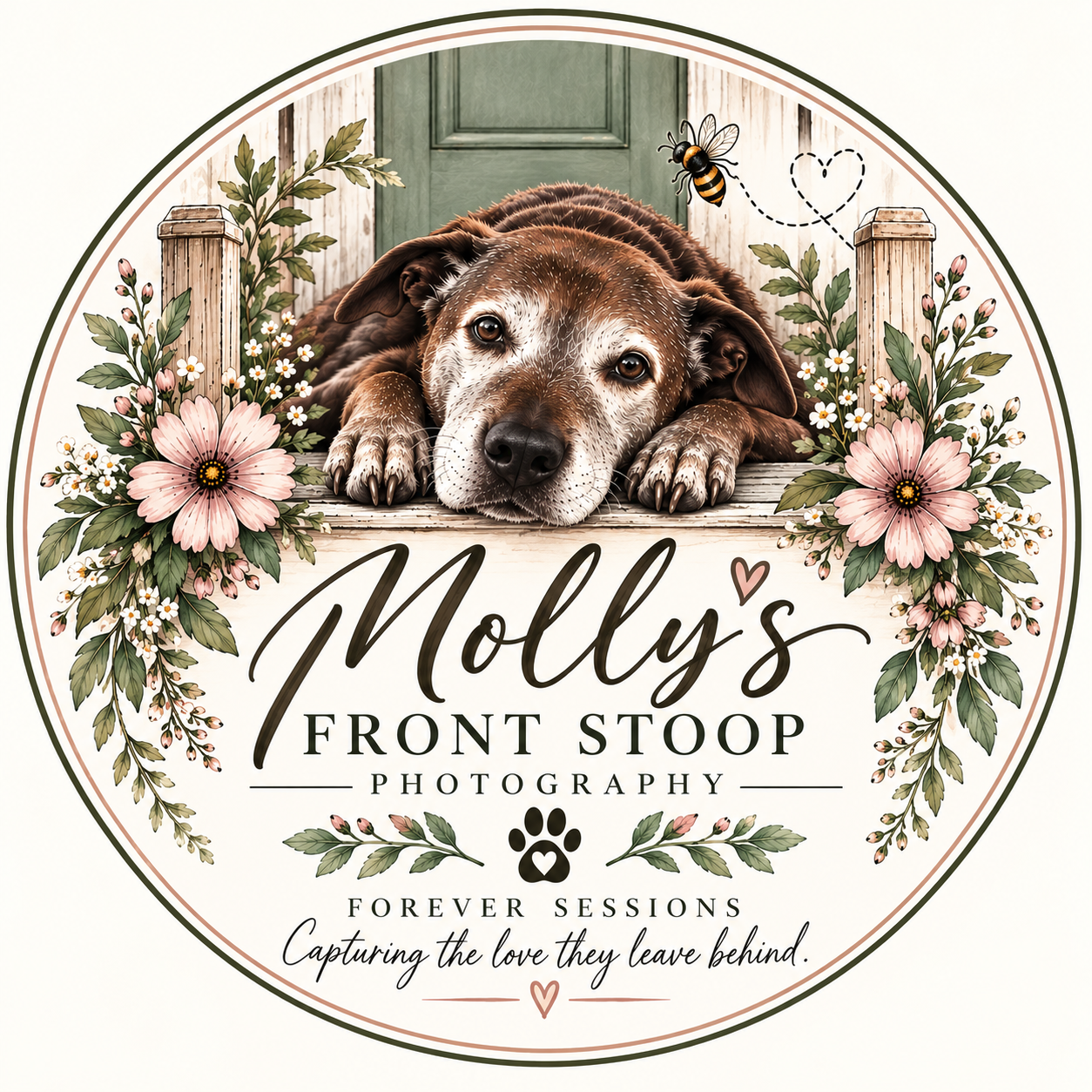 A circular logo with a dog laying on a porch with flowers and greenery, featuring the text 'Molly's Front Stoop Photography' and decorative elements including hearts and paw print, representing a pet photography brand.