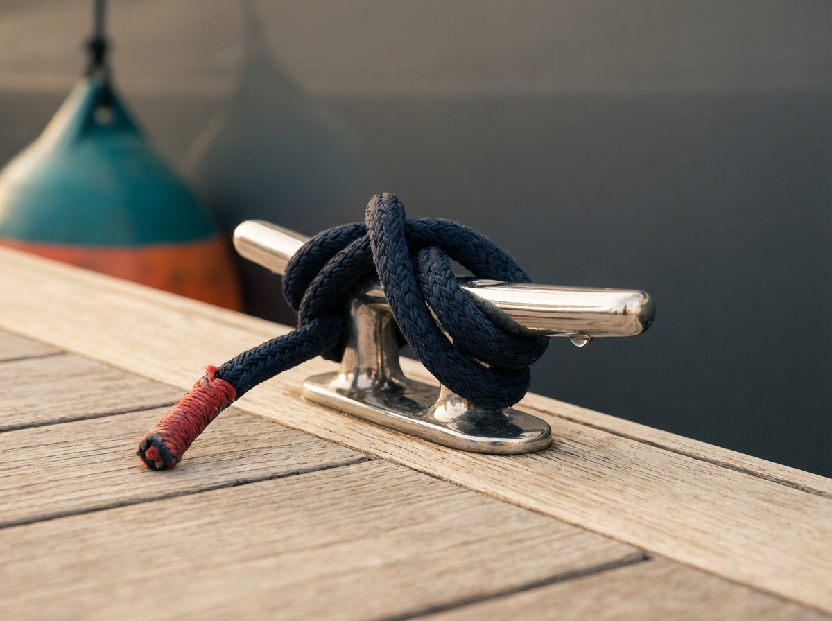 A metal boat cleat with a blue rope tied around it on a wooden dock, with a blurred boat in the background.