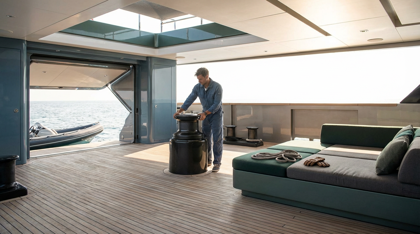 A man on a yacht, standing on a wooden deck inside the yacht's interior, with an open door revealing the sea and a small boat outside.
