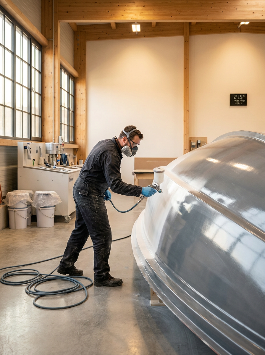 Marine technician applying a protective finish to a boat hull.