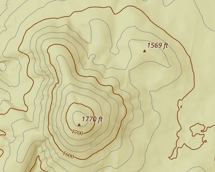 Topographic map showing elevation contours in feet, with peaks at 1770 ft and 1569 ft.