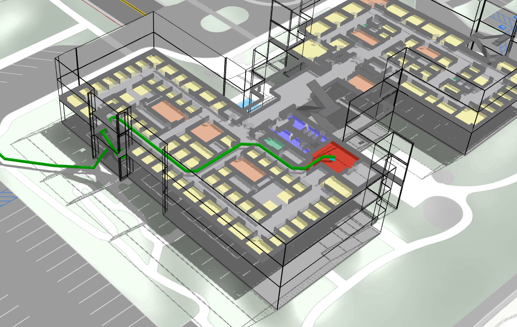 A computer-aided design (CAD) model of a building's electrical wiring and system layout with colored wiring paths and infrastructure elements.