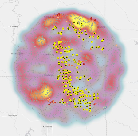 A heat map of the Chicago area showing scattered yellow triangular icons and red dots, indicating specific locations or data points.