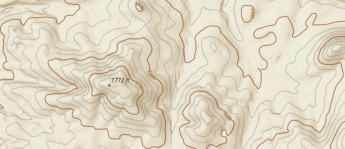 A topographic map showing elevation lines, with the highest point marked at 1772 feet.