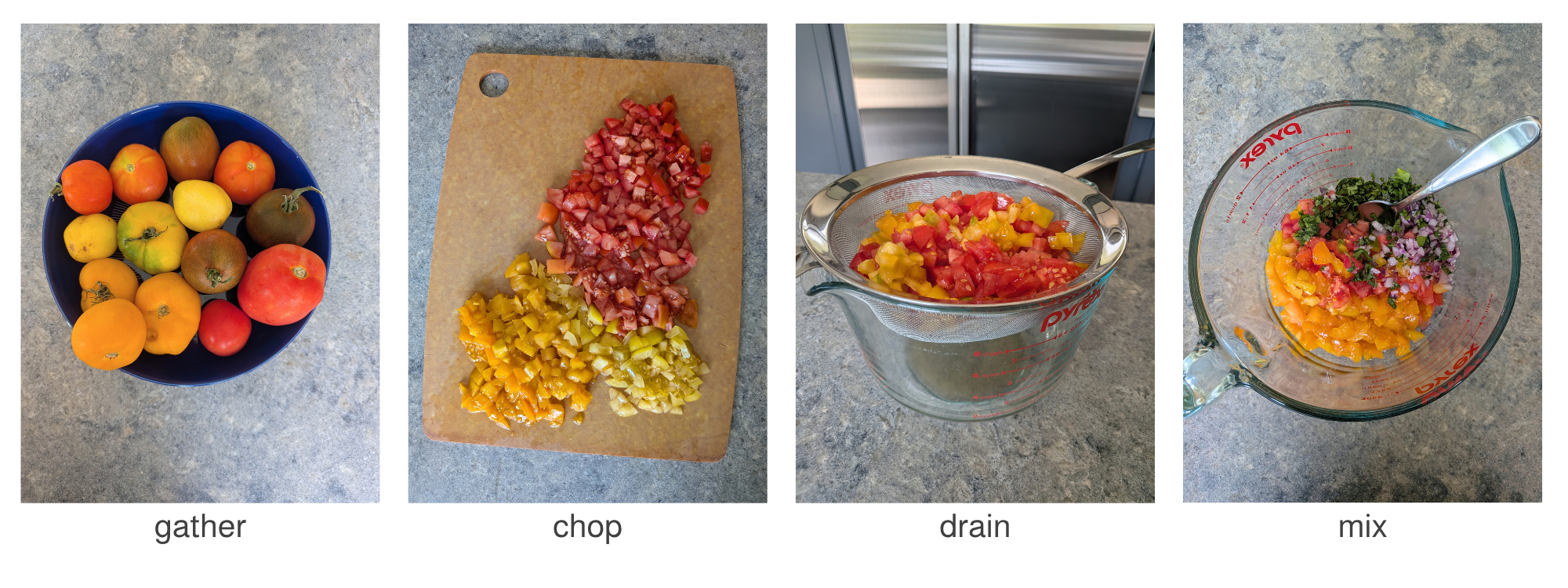 Garden tomatoes gathered, chopped, drained, and mixed with red onion, cilantro, and jalapeño to make fresh salsa.