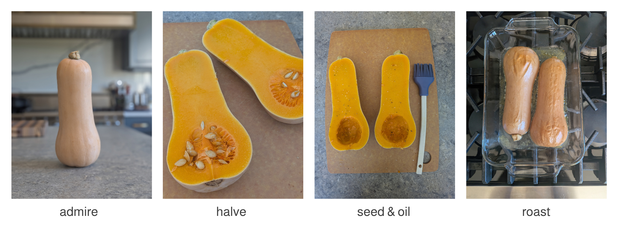 How to roast butternut squash: whole, halved, seeded and oiled, then roasted cut-side down.