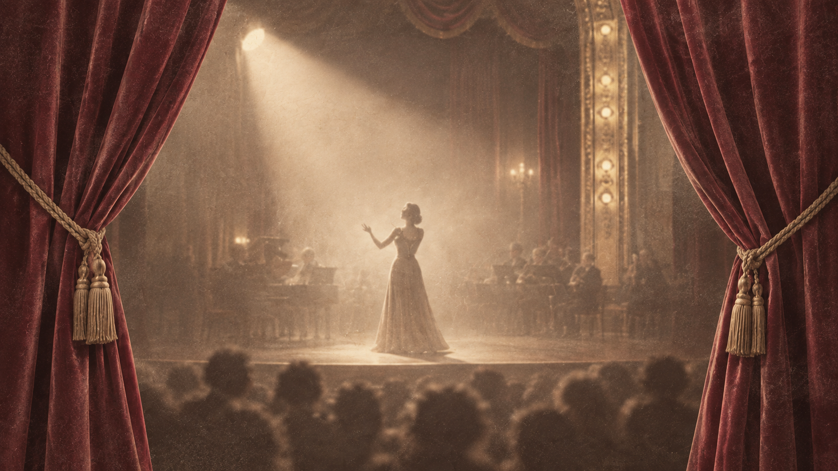 A performer on stage in a vintage dress, illuminated by a spotlight, with an orchestral orchestra in the background, viewed through red velvet curtains.