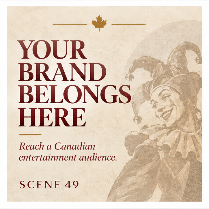 Vintage-style promotional poster with a clown in a jester costume, advertising reaching a Canadian entertainment audience with the text 'Your Brand Belongs Here' and 'Reach a Canadian entertainment audience'.