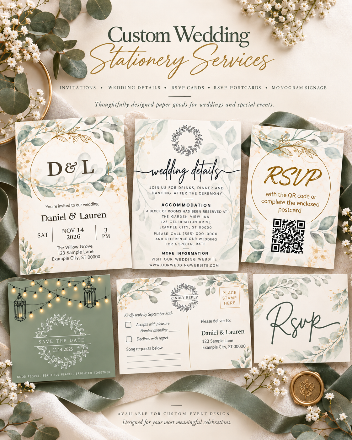 Collection of wedding stationery with floral and greenery designs, including RSVP cards, wedding details, save the date, and invitation cards, arranged on fabric with flowers and leaves.