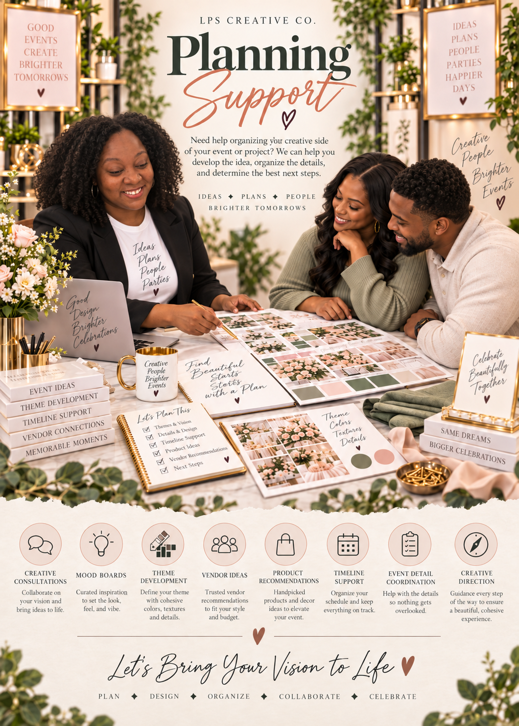 Three people engaged in a planning session at a decorated table with floral arrangements and signage about event planning, including ideas, themes, and support services.