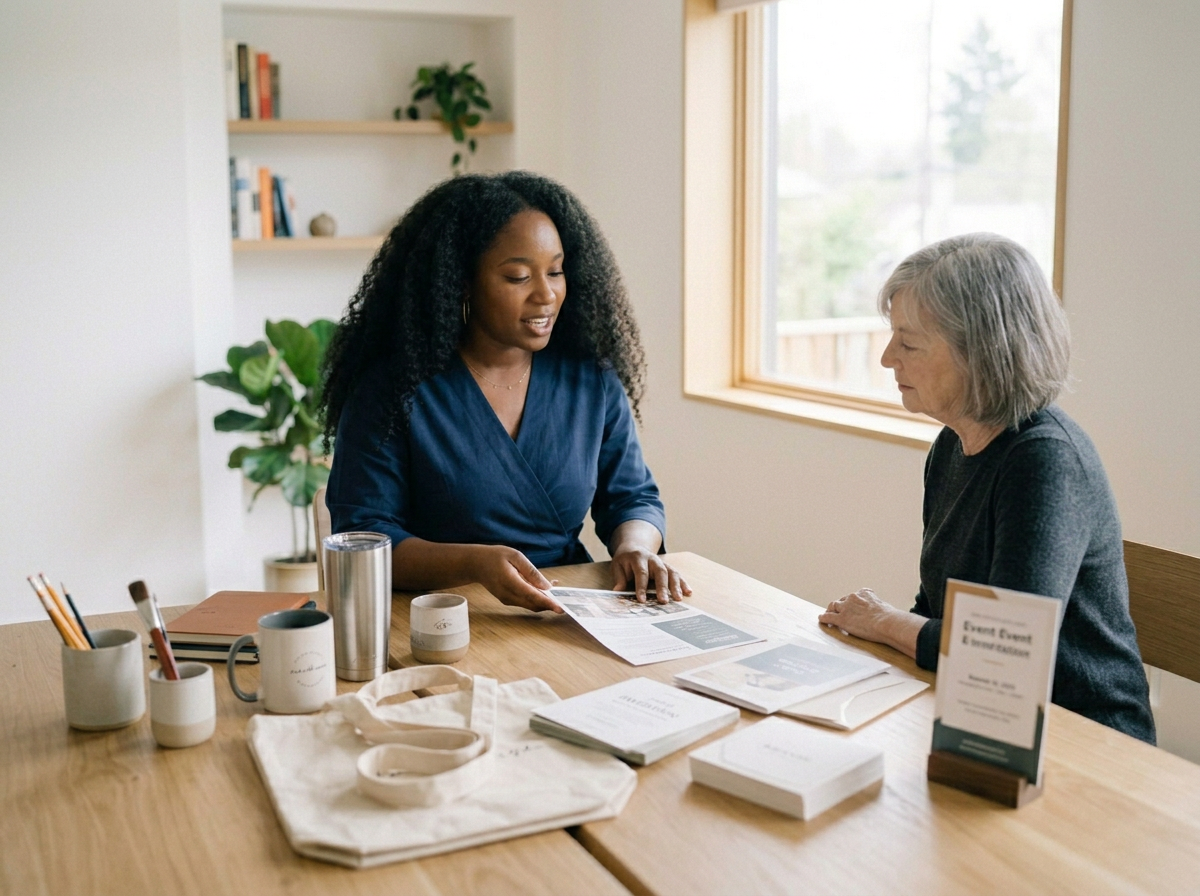 Two women sitting at a wooden table in a well-lit room, discussing documents. The woman on the left has dark curly hair, wearing a blue top; the woman on the right has gray hair and is in a dark top. Various items are on the table, including mugs, notebooks, a tote bag, and informational material. A window and bookshelf with plants and books are visible in the background.