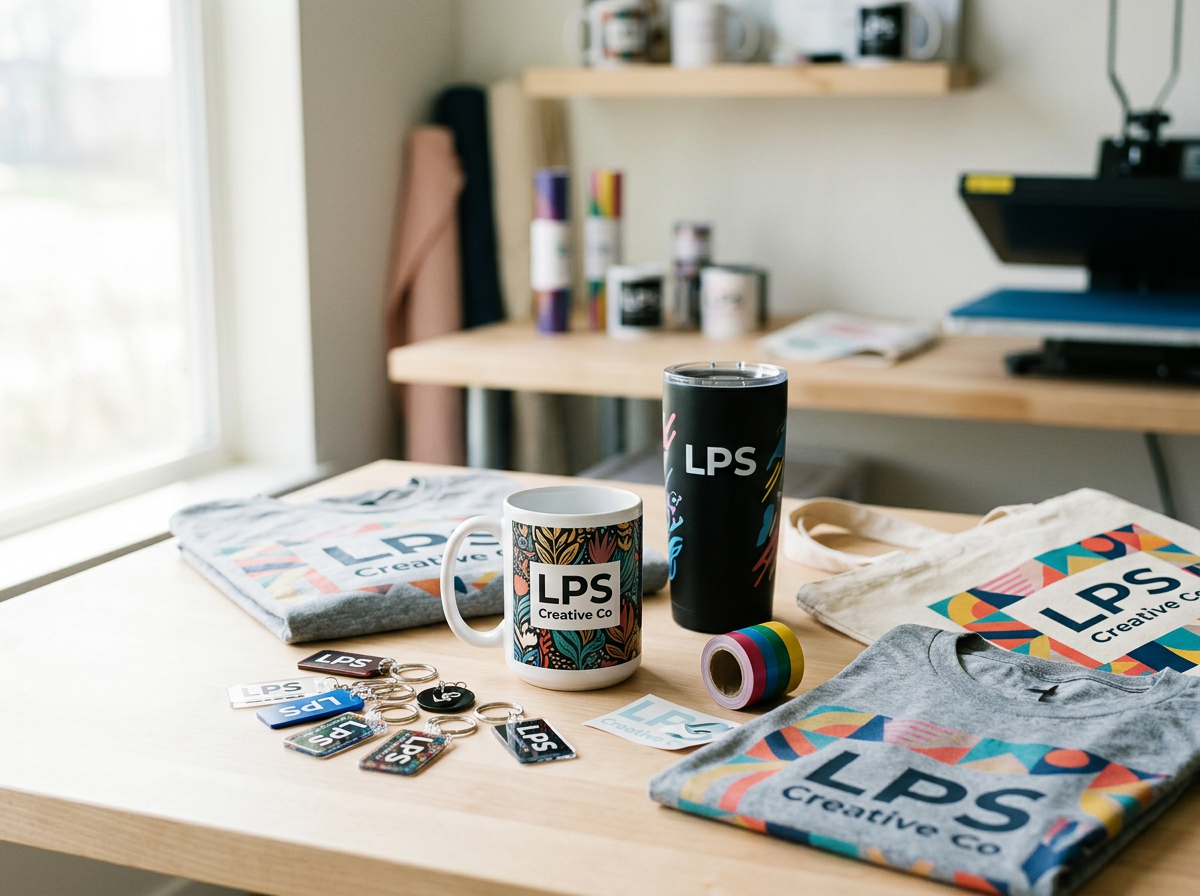A desk displaying LPS Creative Co merchandise including mugs, T-shirts, a tumbler, stickers, keychains, and colorful tape, with a shelf and window in the background.
