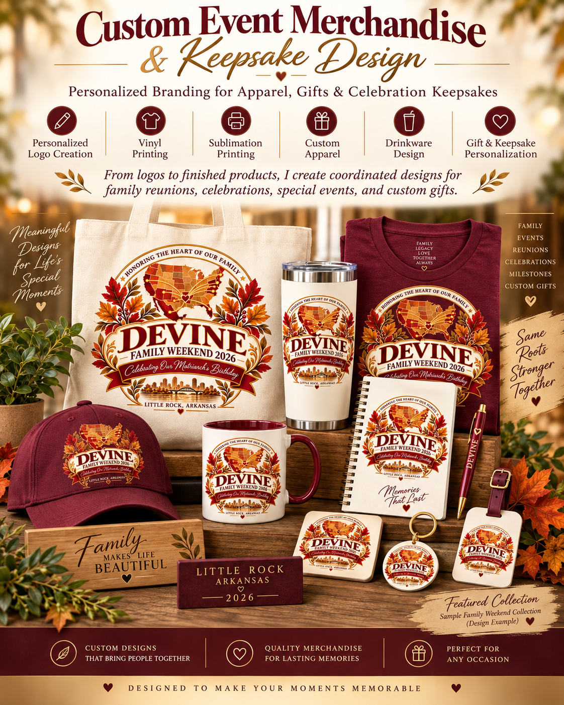 This is an image of a custom logo printed on various products like a mug, a cap, a notepad, a canvas bag, T-shirt, etc.