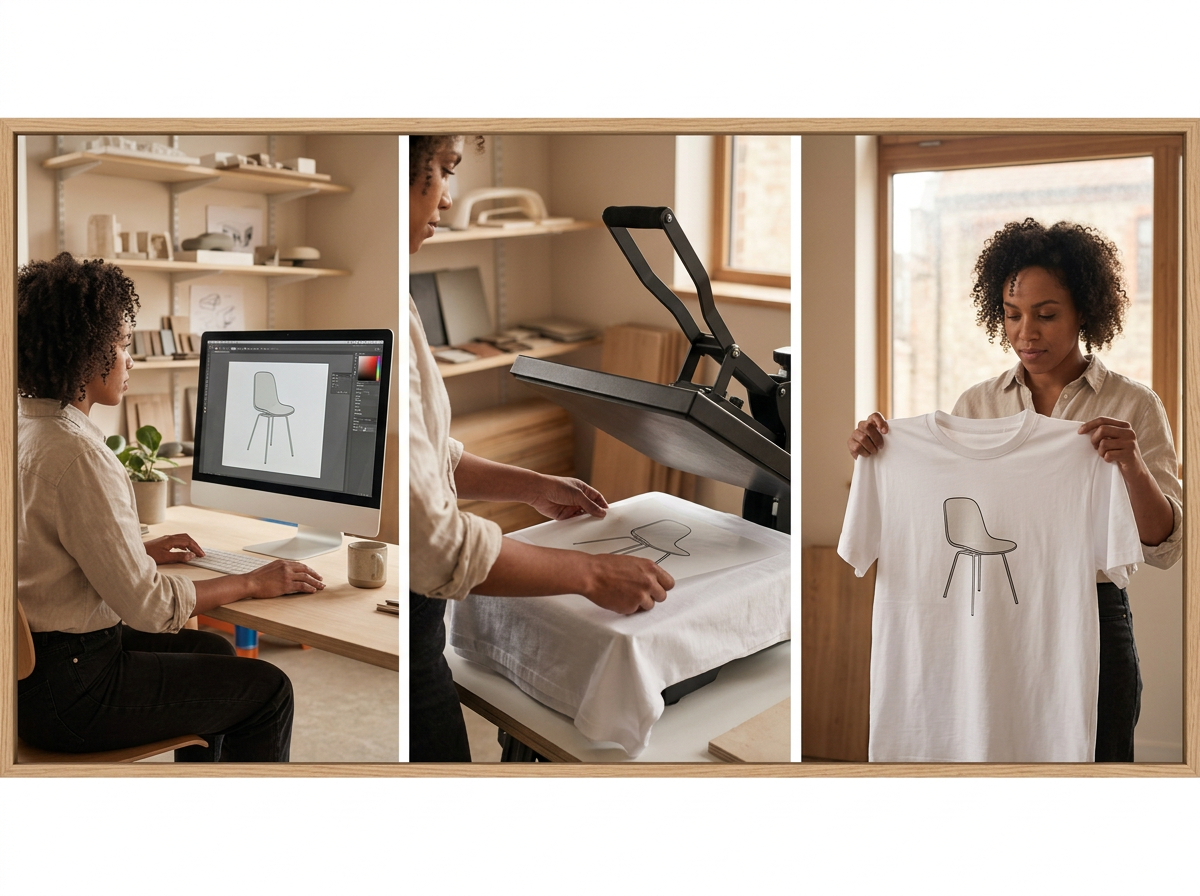 A woman designing a graphic of a chair on a computer, preparing a T-shirt with the design using a printing press, and holding the finished T-shirt with the printed chair graphic.