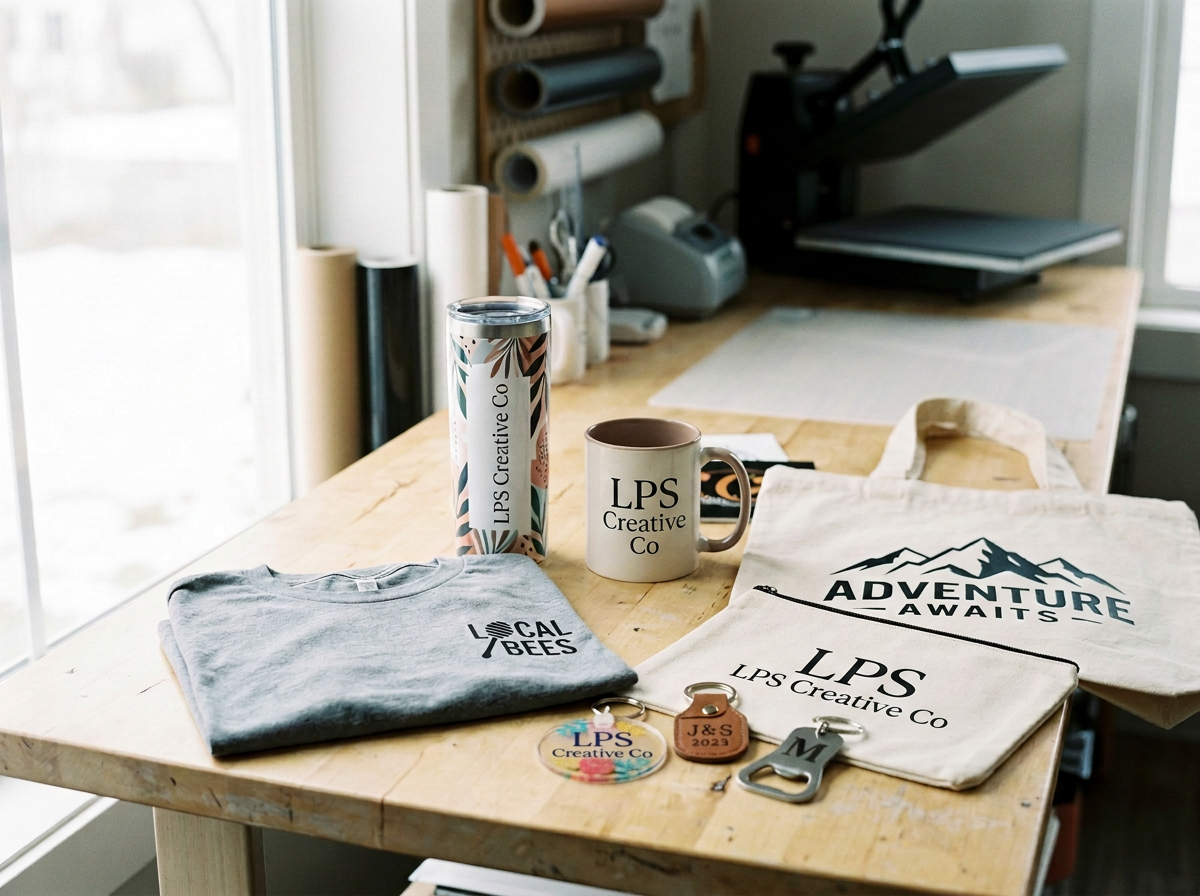 LPS Creative Co merchandise and promotional items on a wooden table, including a gray T-shirt, a tote bag with mountains and 'Adventure Awaits' text, a white mug with 'LPS Creative Co', a tumbler with floral design, keychains, and a tabletop printing machine in the background.