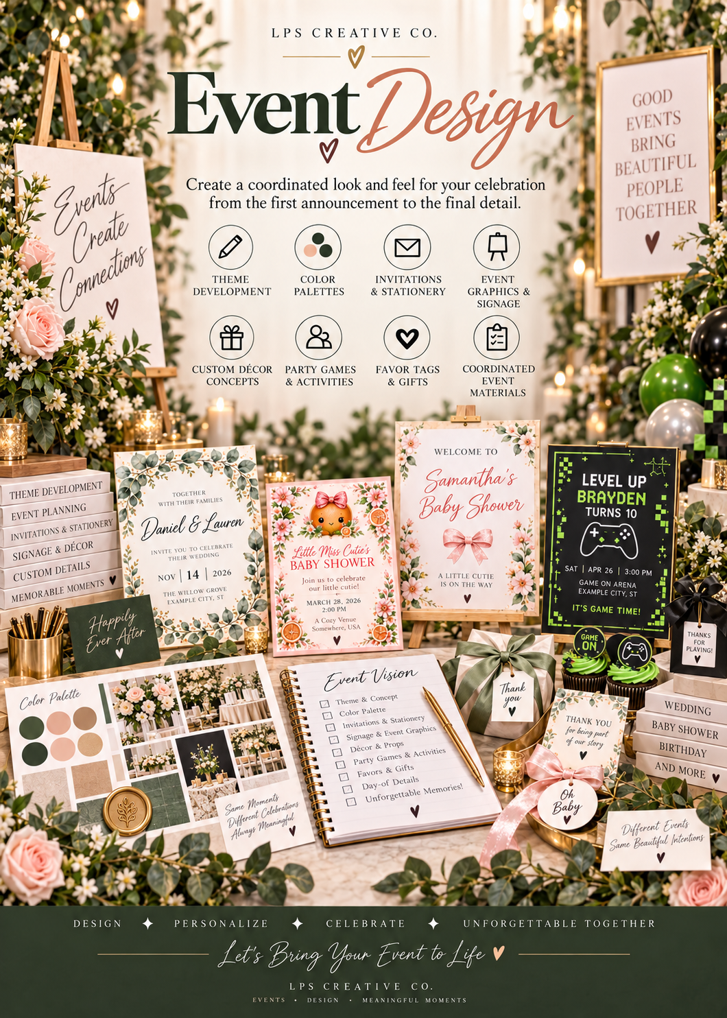Display of wedding and baby shower event planning materials, including invitations, signage, color palettes, and themed decorations, surrounded by flowers and lights.